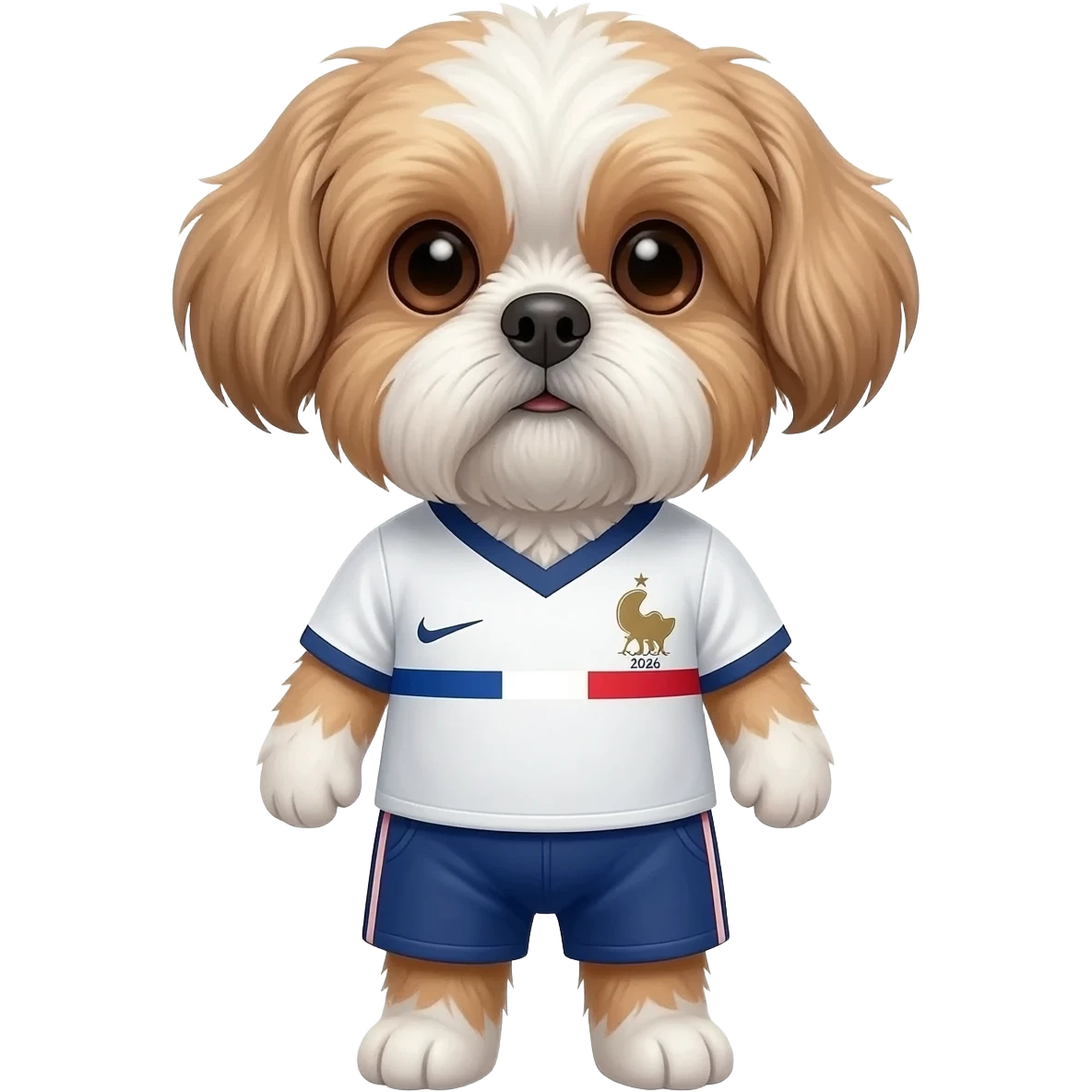 white and light brown shih zhu wearing a France soccer jersey v neck 2026 work cup emoji