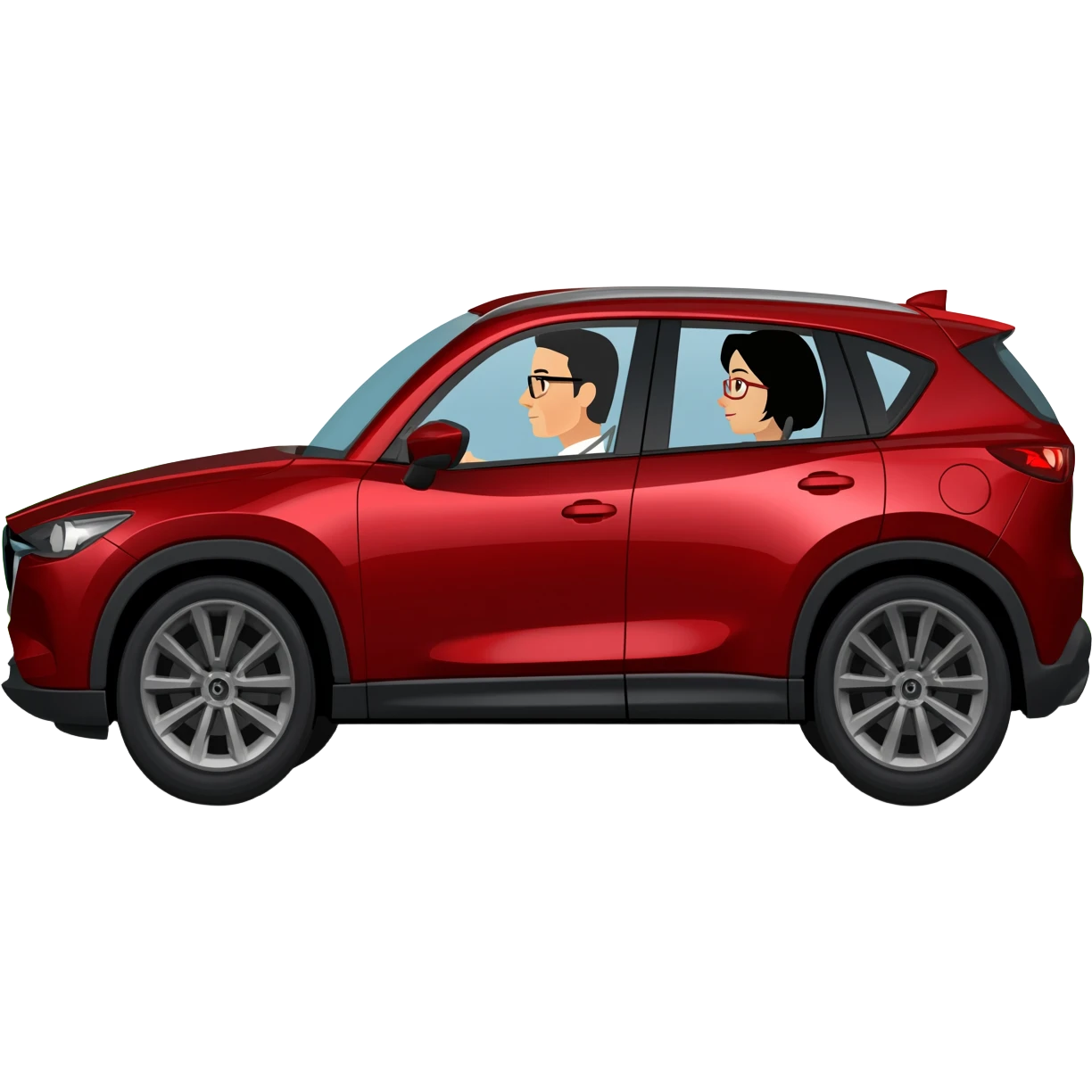 camioneta mazda cx 5 roja con una conductora mujer con lentes de cabello negro del lado derecho y un copiloco hombre de pelo corto negro y lentes del lado izquierdo, todo en caricatura sobre una avenida principal con paisaje verde emoji