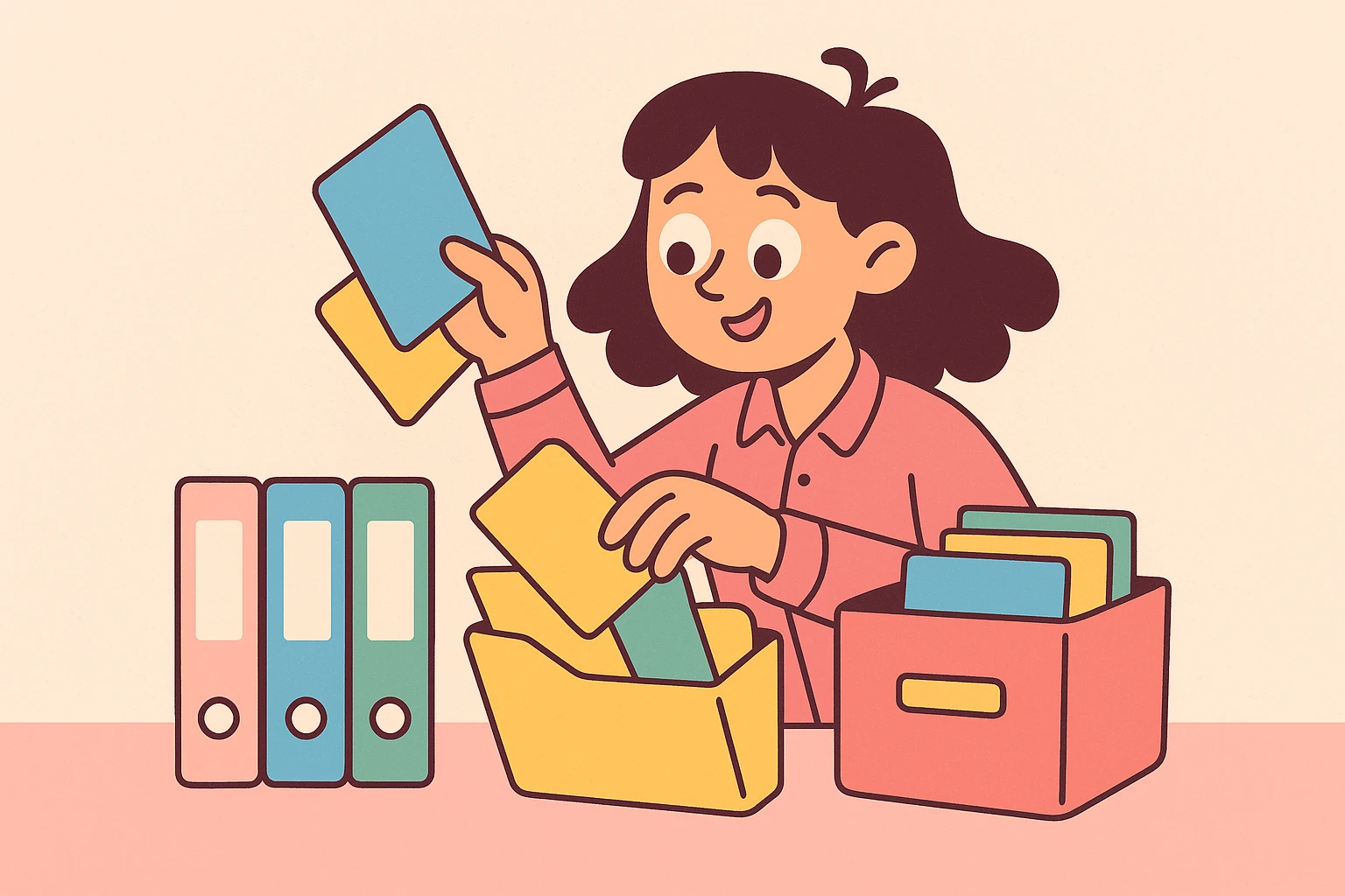 office girl organizing files, pastel color style emoji