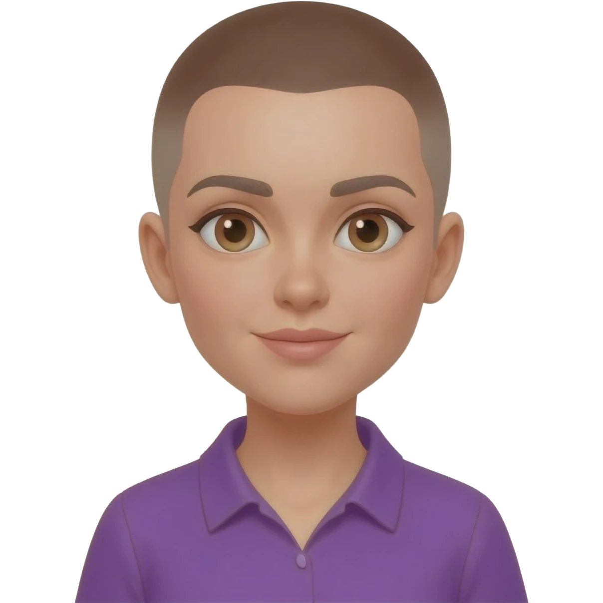 White skin ,  female, light brown buzzcut, purple shirt, light eyes emoji