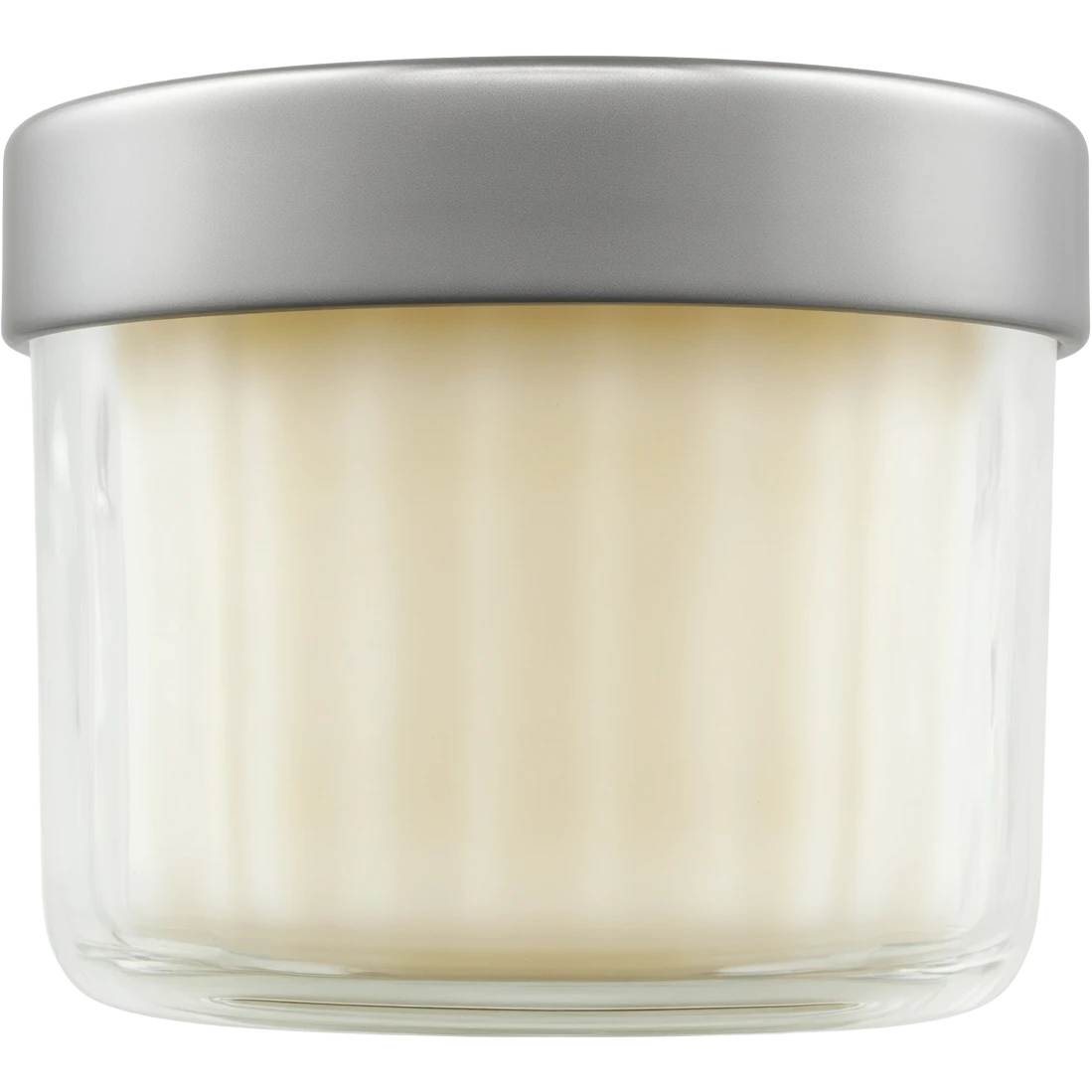 minimalist style,  Vanilla Cashmere scented candle in a pretty hyperrealistic crystal jar with metal lid on top of candle, isolated, 3d rendering, no emoji icons, no emoji faces, 8k hd emoji