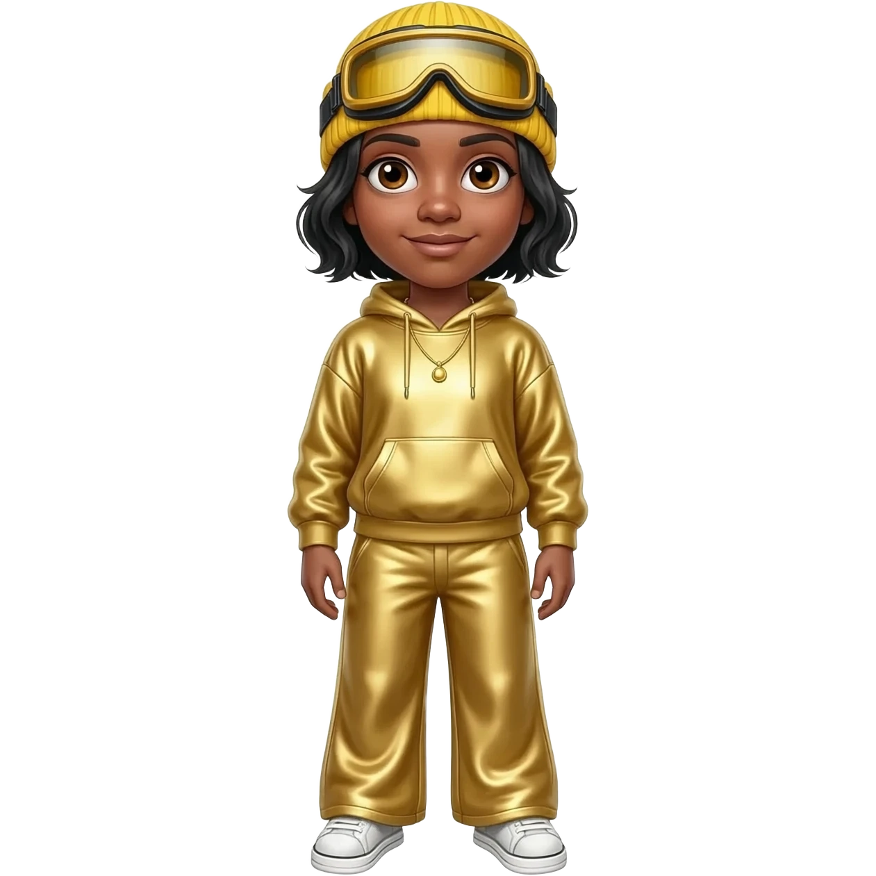 Sacha Boran Cohen with brown eyes, black short hair, yellow goggles, yellow beanie, gold metallic sweatshirt, gold metallic wide leg sweatpants, gold necklace emoji