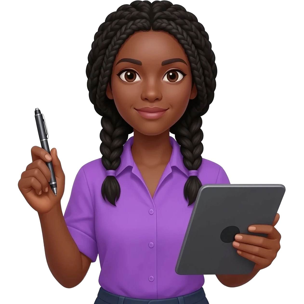 Émoji représentant une femme peau marron avec des longues nattes noires, une belle chemise violette, tenant un stylo digitale et une tablette digitale dans l'autre emoji