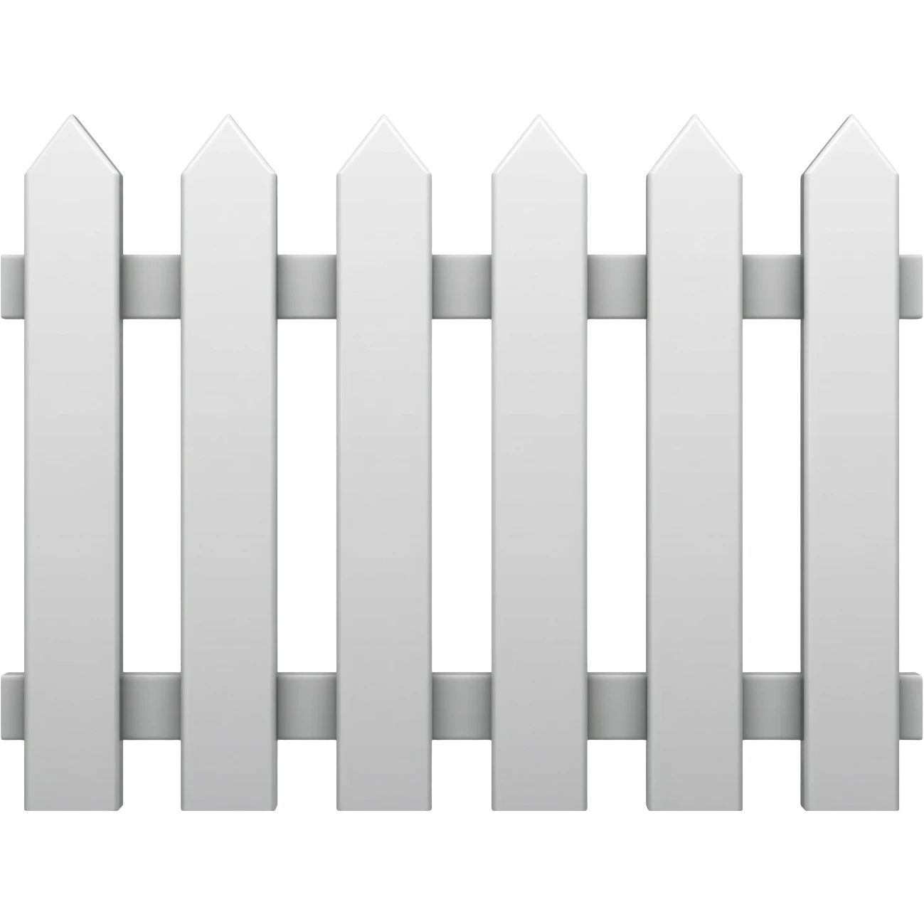 Emoji-style white picket fence with 6 equidistant vertical boards, not hyper realistic, but the cartoonish emoji style. emoji