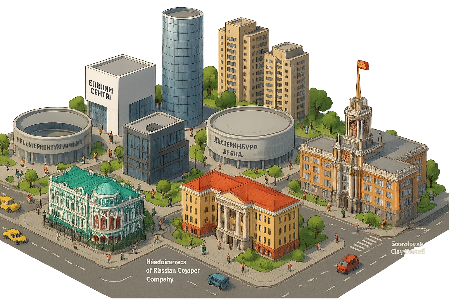 Изометричная миниатюрная фотореалистичная 3D модель Екатеринбурга - Дом Севастьянова, Ельцин-центр, Уральский федеральный университет, дома, Екатеринбург Арена, Штаб-квартира Русской медной компании, Здание Свердловского городского совета народных депутатов, четкие линии, яркие цвета, мультяшный реализм, люди, автотранспорт, компактная композиция, вид сверху в изометрии, прозрачный фон emoji