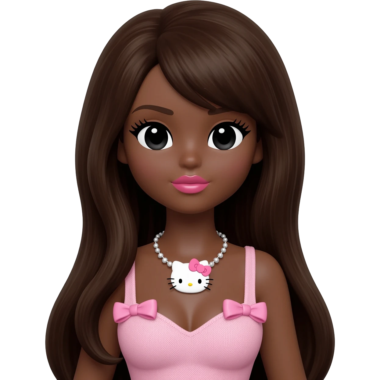 hello kitty necklace, doll eyes, Doll, big chest, dark brown skin, long dark brown hair, black cute eyes, pink bows with cute lips emoji