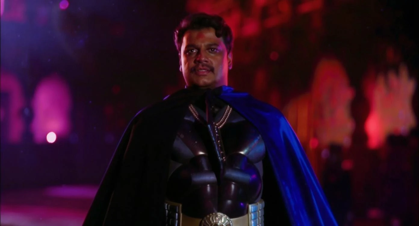 A cinematic screengrab from 1990 Indian Bollywood film called 'Batman', Sony Alpha a7 III camera, colorful  emoji