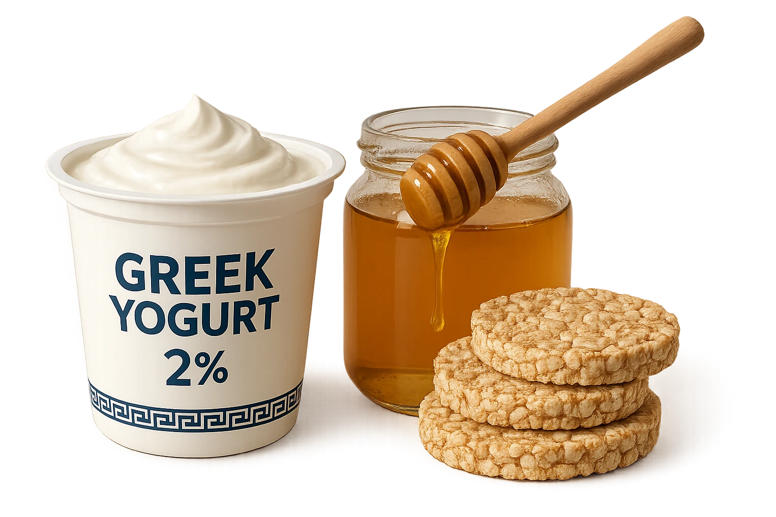 Yogurt Greco 2%
Miele
Gallette di Riso
vista frontale, iperrealistico 4k emoji