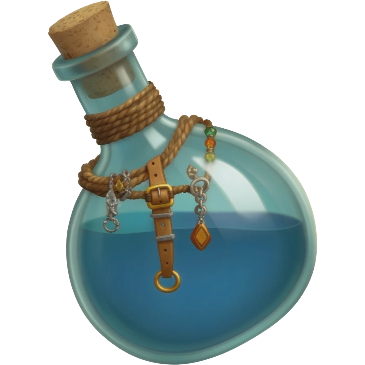 an empty round potion bottle a little rotated to the left with a cork and decorations on the bottle like ropes and belts and random stuff emoji