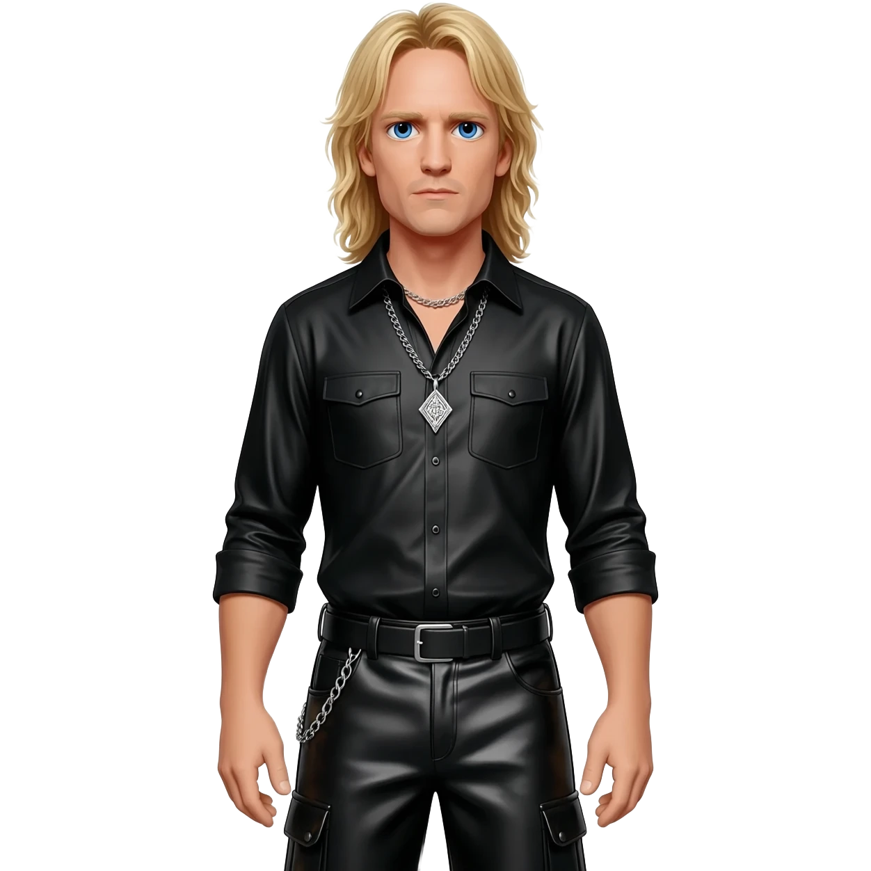 James Hetfield with blue eyes, long blonde hair, black metallic shirt, black metallic baggy pants, silver necklace emoji