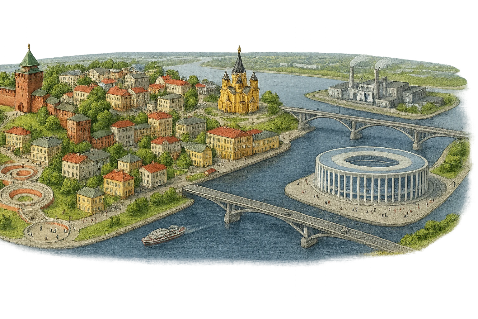 Изометричная миниатюрная фотореалистичная 3D модель панорамы Нижнего Новгорода - Нижегородский Кремль, Стрелка между Окой и Волгой, стадион Нижний Новгород, ГАЗ, Чкаловская лестница, Борский Мост через Волгу, Нижегородская ярмарка, нижегородские дома, автотранспорт четкие линии, яркие цвета, люди, компактная композиция, вид сверху в изометрии, прозрачный фон emoji