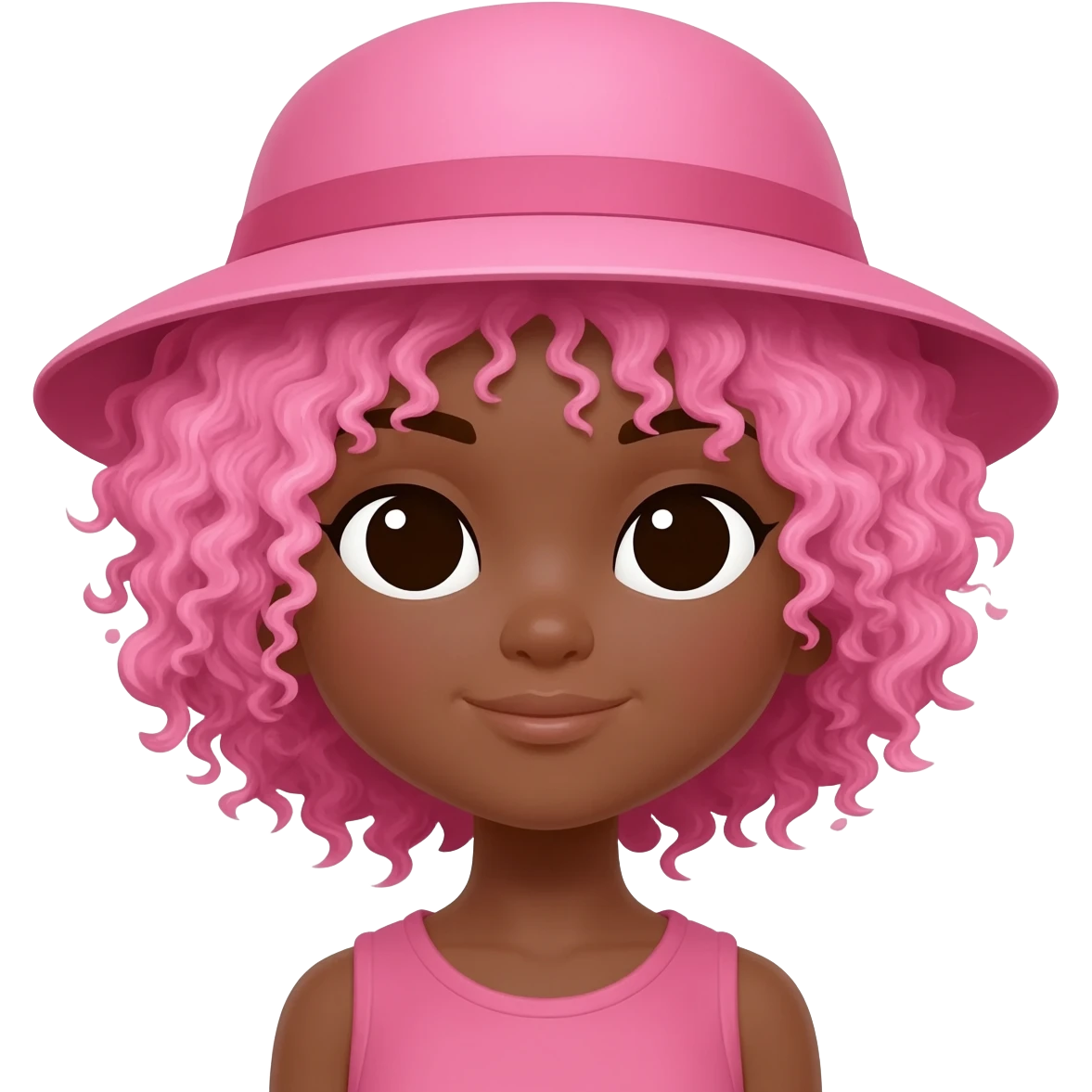 Make a brown girl and make her have pink curly hair and a pink hat emoji