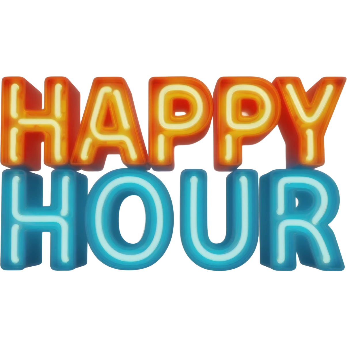 Big neon lights that say HAPPY HOUR emoji