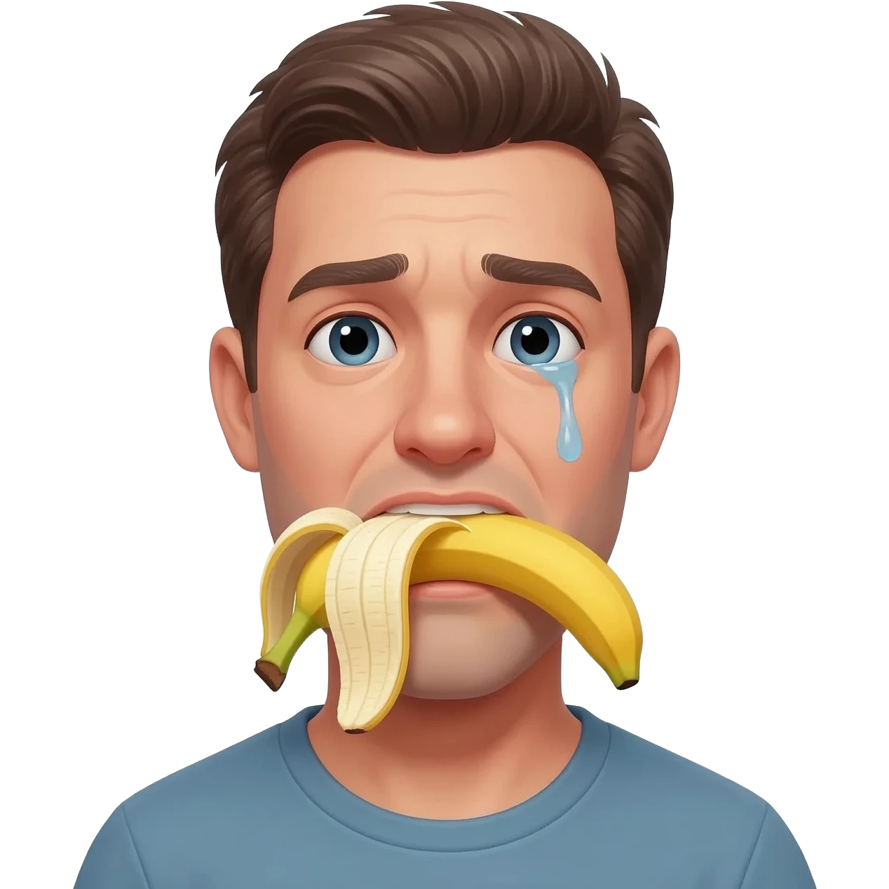 thirty year old guy with his mouth filled by a huge peeled banana drooling from one side of his mouth and tear in one eye emoji