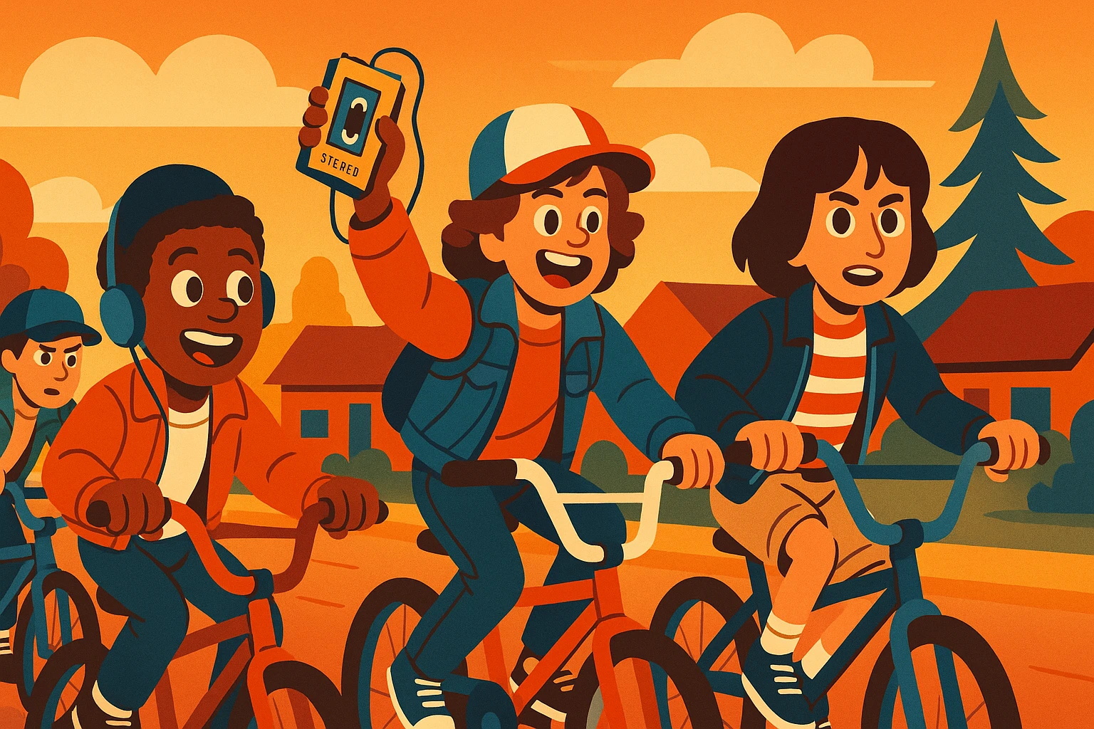 Group of friends inspired by Stranger Things riding bikes, one holding a cassette tape player (walkman), vibrant toon style, wide aspect ratio 16:9 emoji