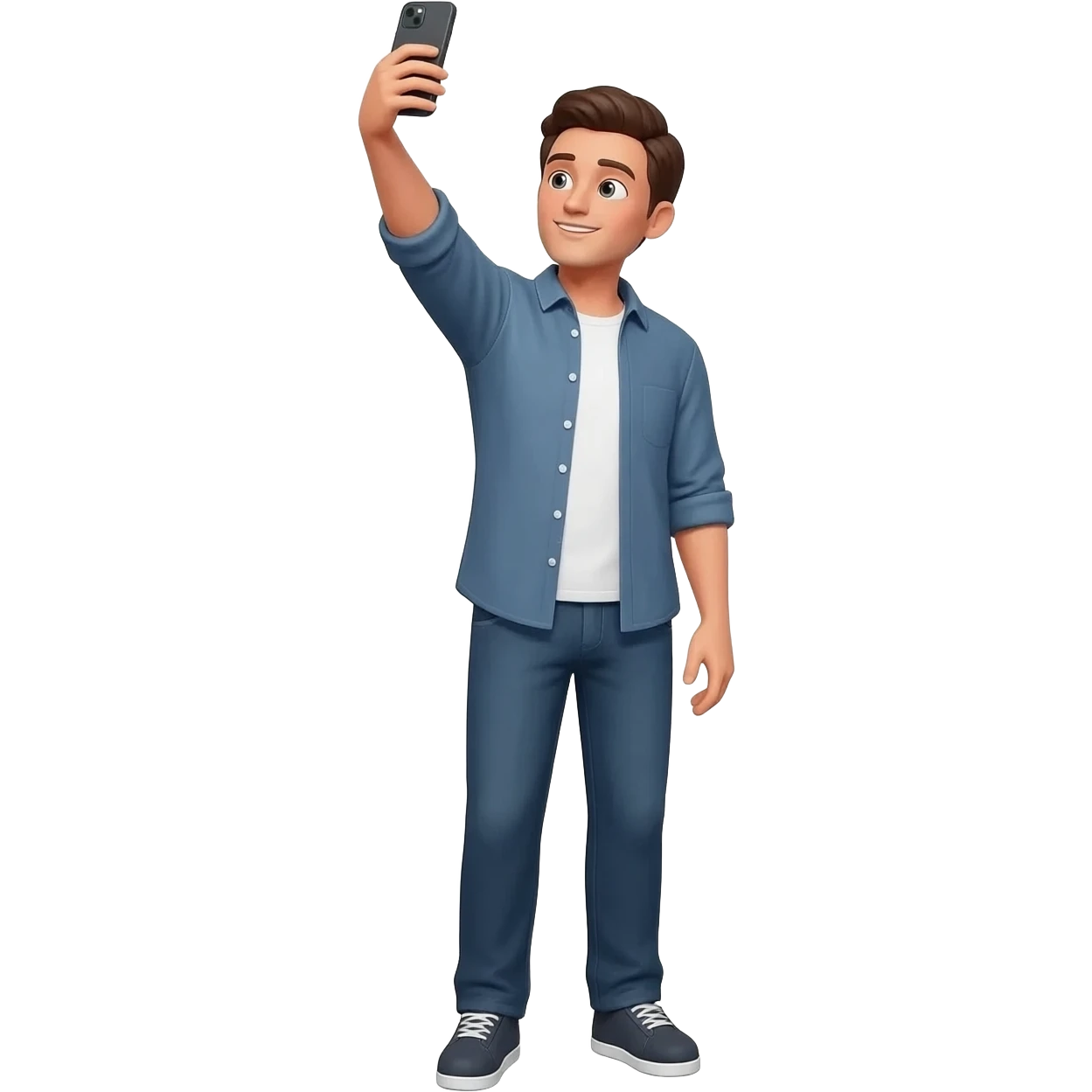 Generate a male standing and holding his phone in front and above to make it seem like hes taking a selfie but of his whole body to show to the camer a hes standing emoji