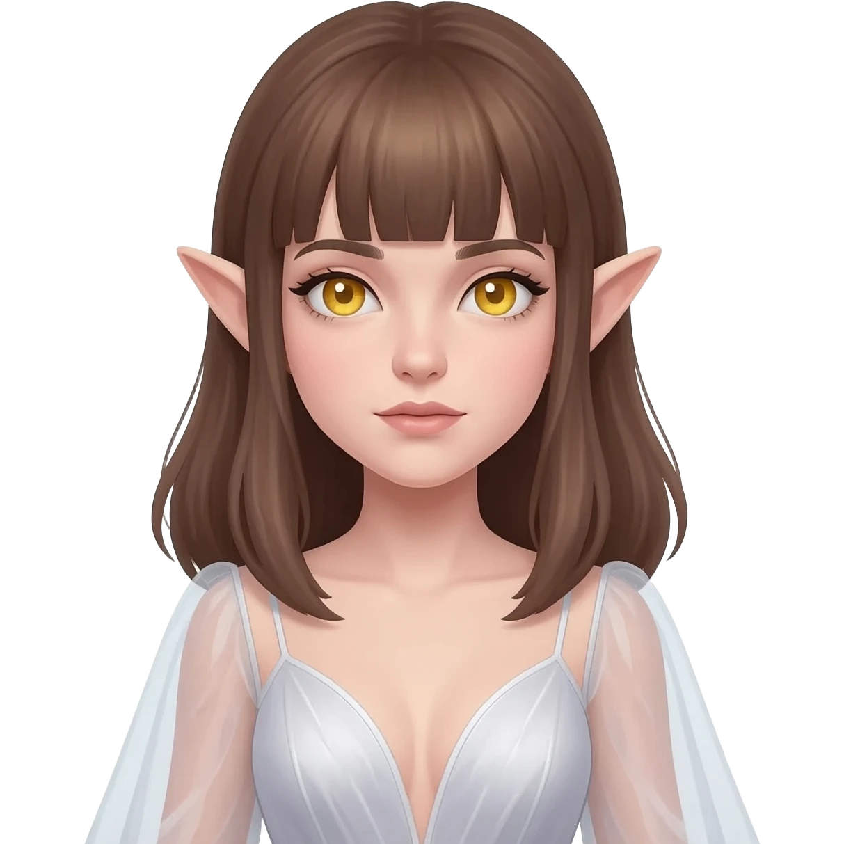 Hyperrealistic cosmos elf wizard fairy queen pale skin brown hair with bangs and golden eyes simple low-cut dress with long sleeves glued with see-through emoji
