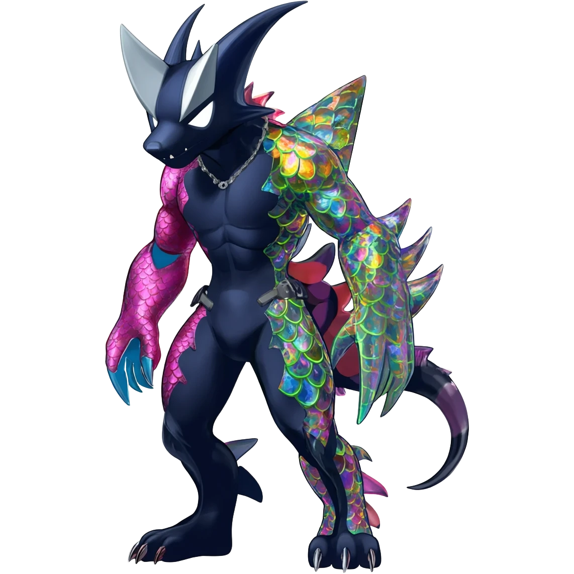 Colorful patterned esoteric shiny glowing scaly scary cool badass edgy Zorua-Absol-Zangoose-Salandit-fusion (full body) emoji