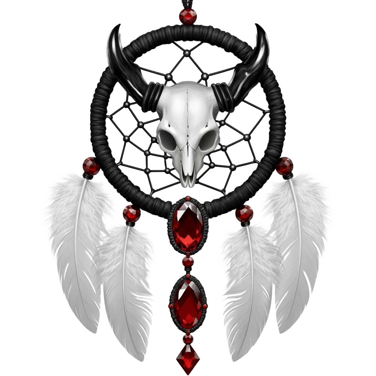 Blood-red, bloody, obsidian-black, edgy, dream catcher, red gemstones, black wire, black threads, animal skull, white feathers, badass, evil, gorgeous aesthetic, gothic decoration emoji