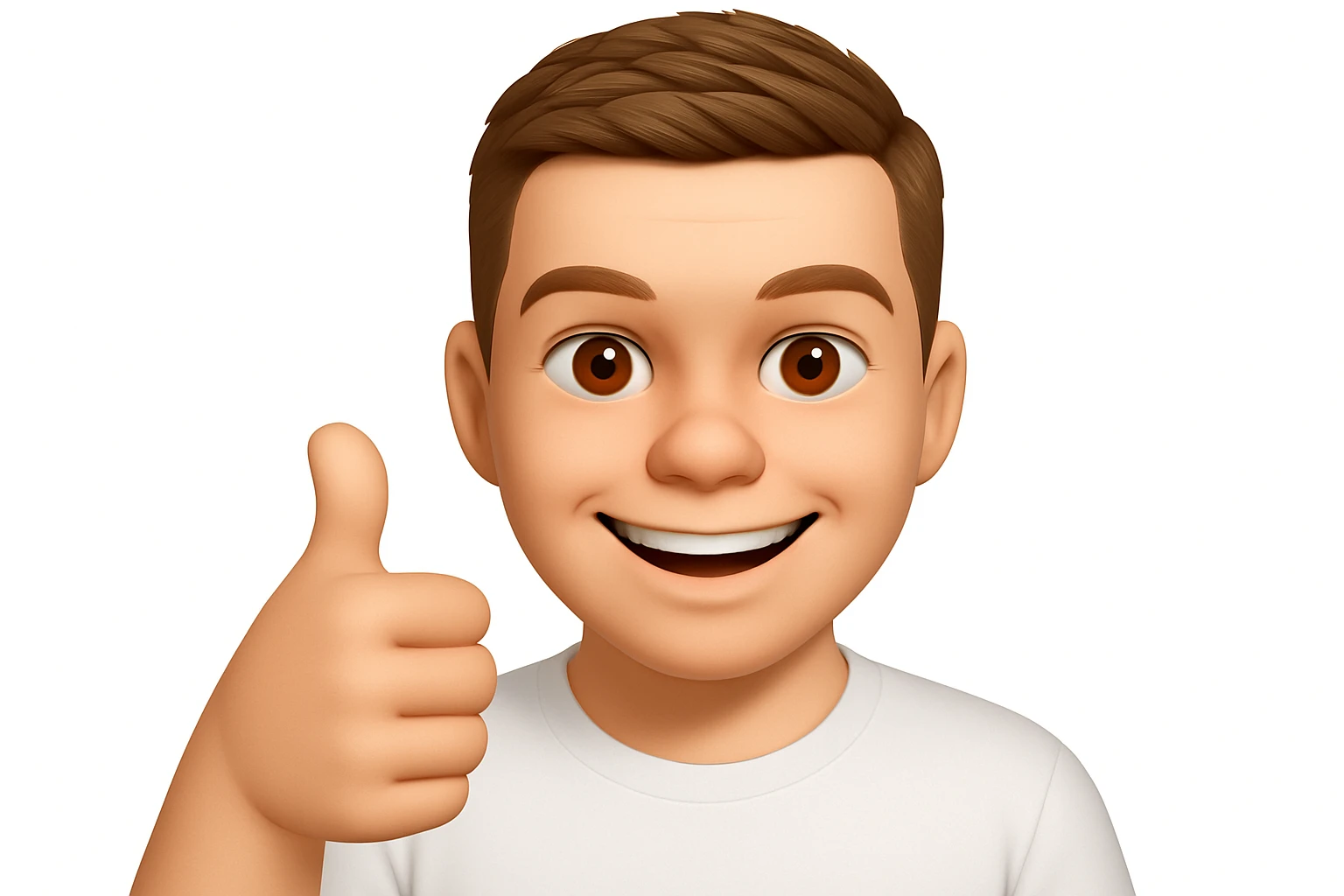 Based on these photos, make an emoji with facial features intact, a man in a white T-shirt, giving a thumbs up and smiling approvingly emoji