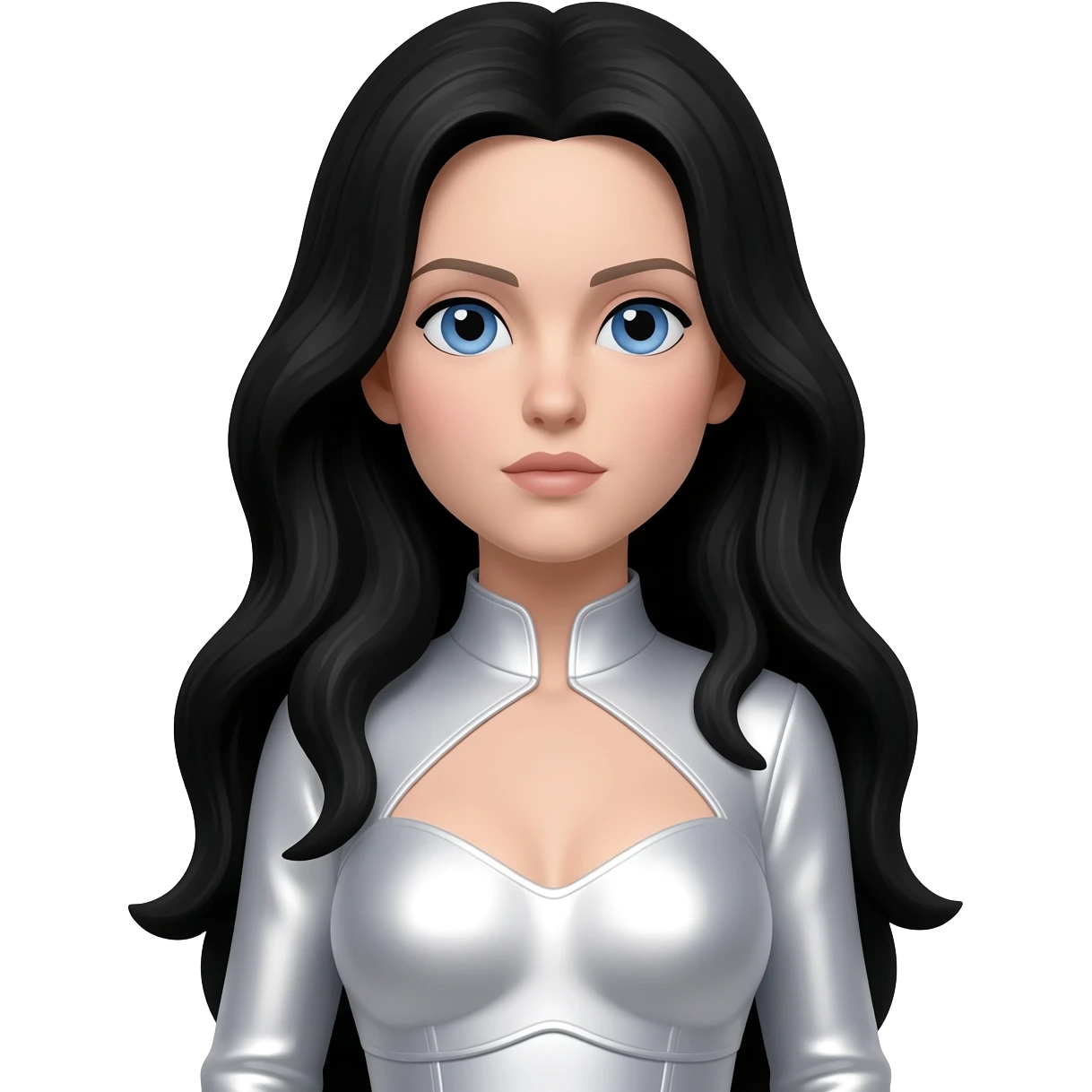 Madonna with  blue eyes, long black hair, white metallic outfit emoji
