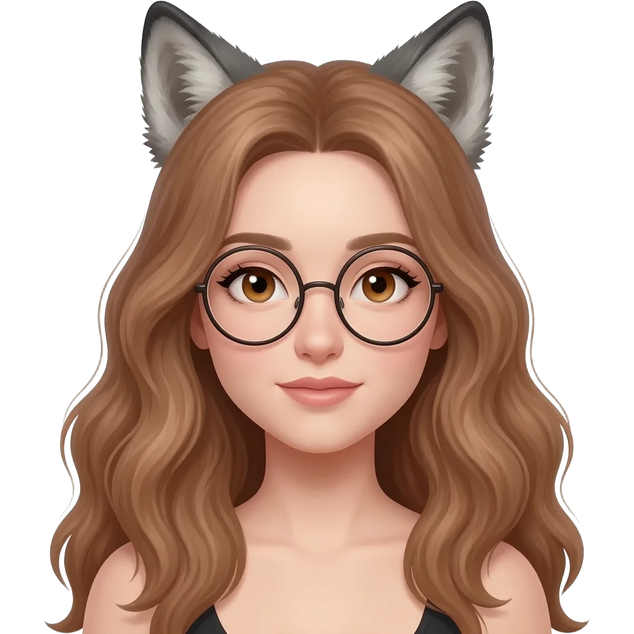 detailed emoji illustration of a woman with long light brown wavy hair and light brown eyes wearing round glasses, with wolf ears on top of her head, cute fantasy emoji style emoji