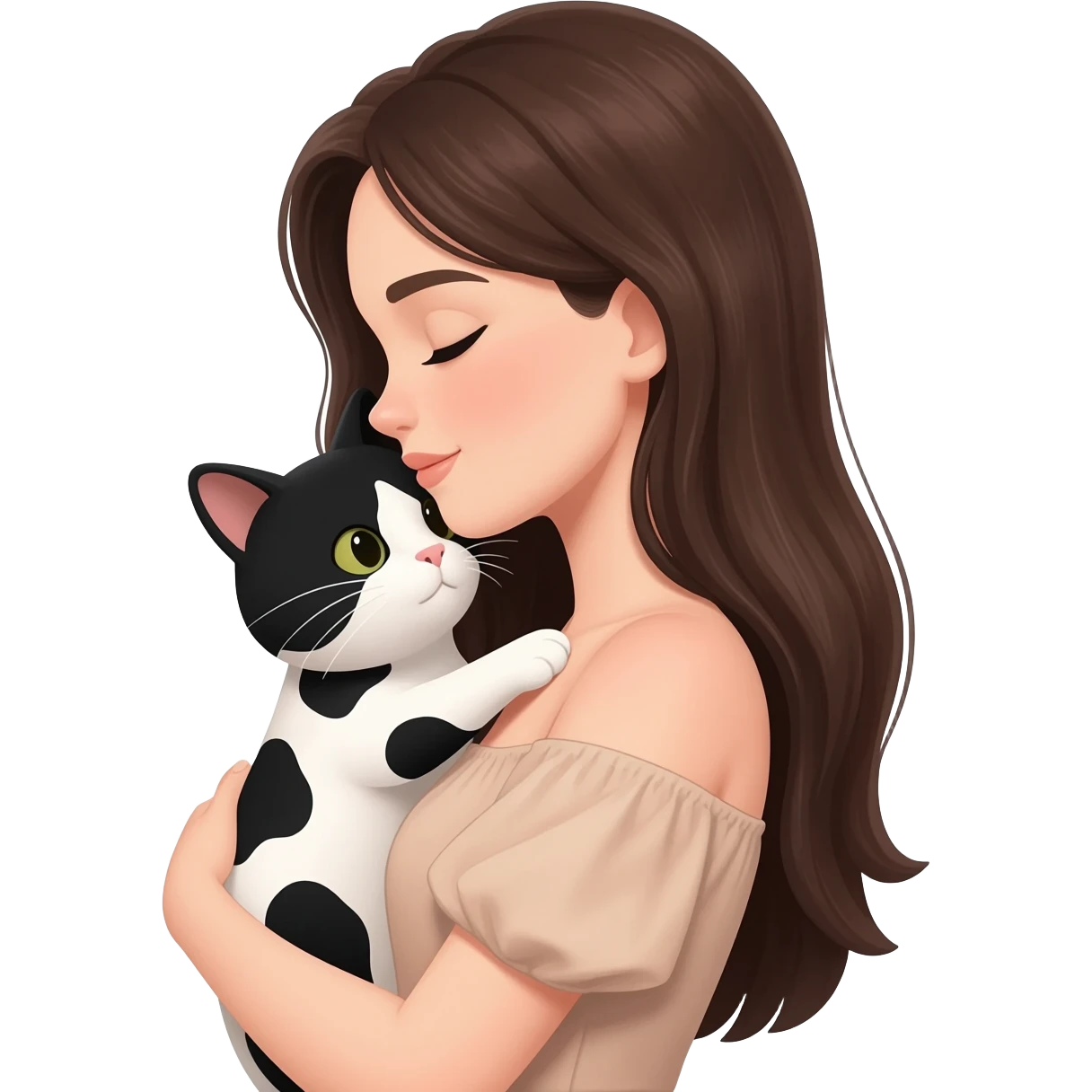 A young woman with long dark brown hair, wearing a nude off-shoulder top, hugging a black and white cow-patterned cat, 3D emoji style, white background. emoji