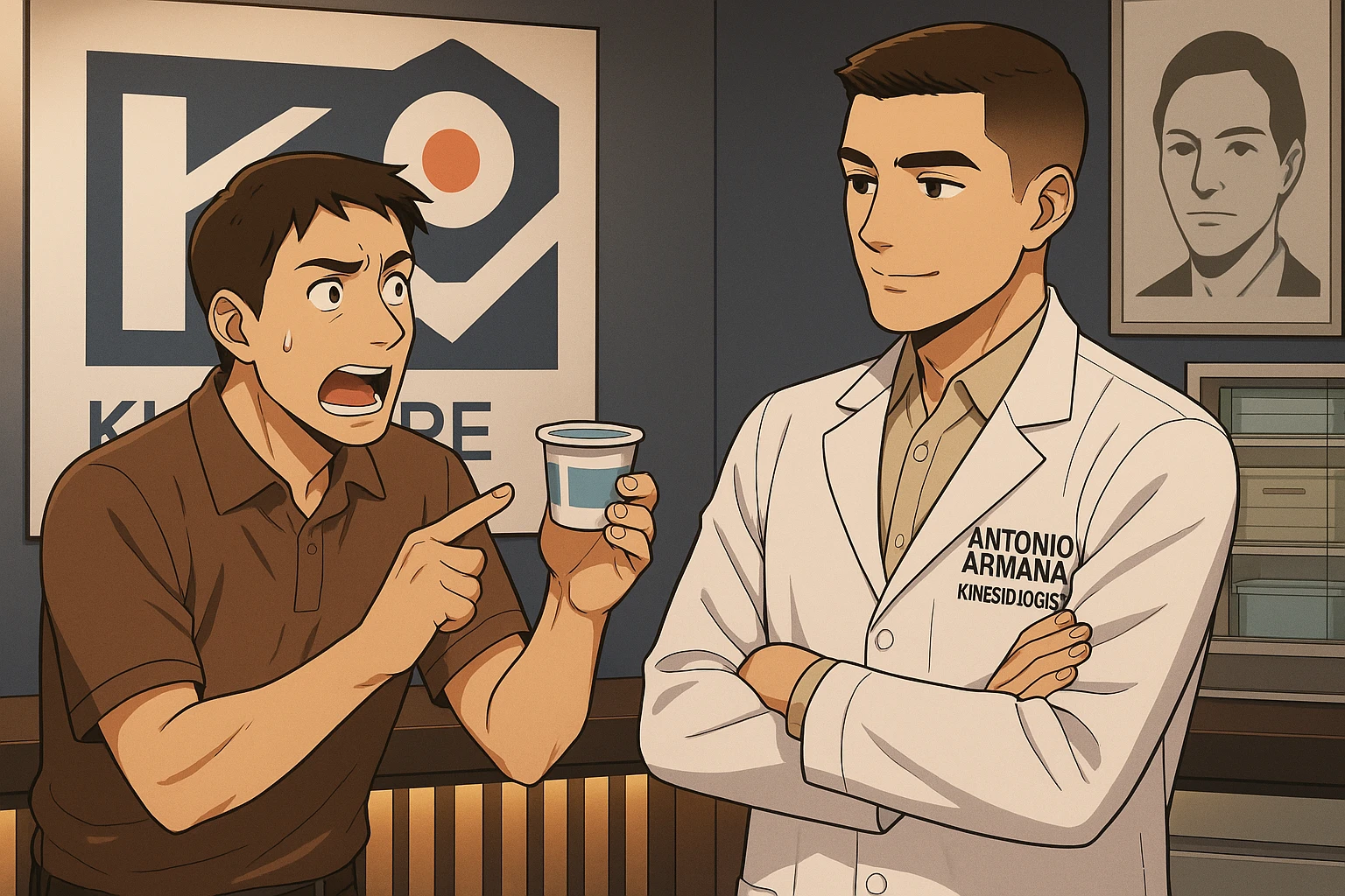 fai un webtoon manga a colori con questo stile, in cui un uomo chiede al kinesiologo con il camice bianco (fagli anche la scritta "ANTONIO ANANIA" SUL CAMICE, una domanda e il kinesiologo gli risponde, L'UOMO INDICA LO YOGURT CHE HA IN MANO ED è MOLTO ALLARMATO NEL FARE LA DOMANDA. non fare i fumetti però, fai solo in modo che sembri stiano parlando emoji