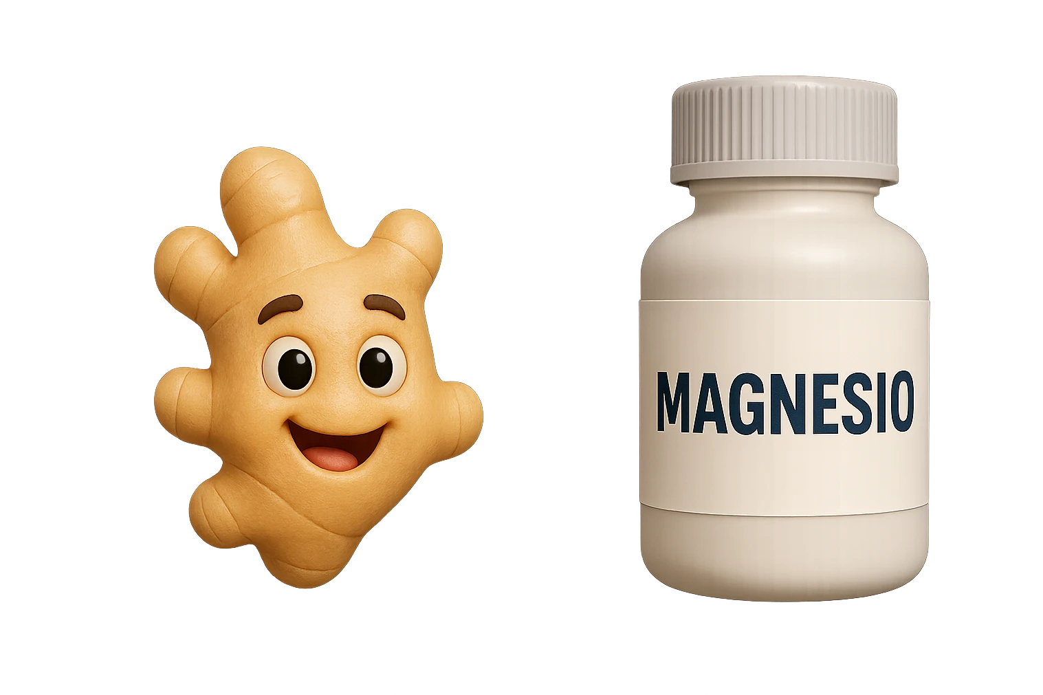 emoji stile iphone 3d di un pezzetto di zenzero e una boccetta di magnesio con la scritta "MAGNESIO" SULL'ETICHETTA CHE FLUTTUANO IN ARIA, iperrealistico 4k emoji