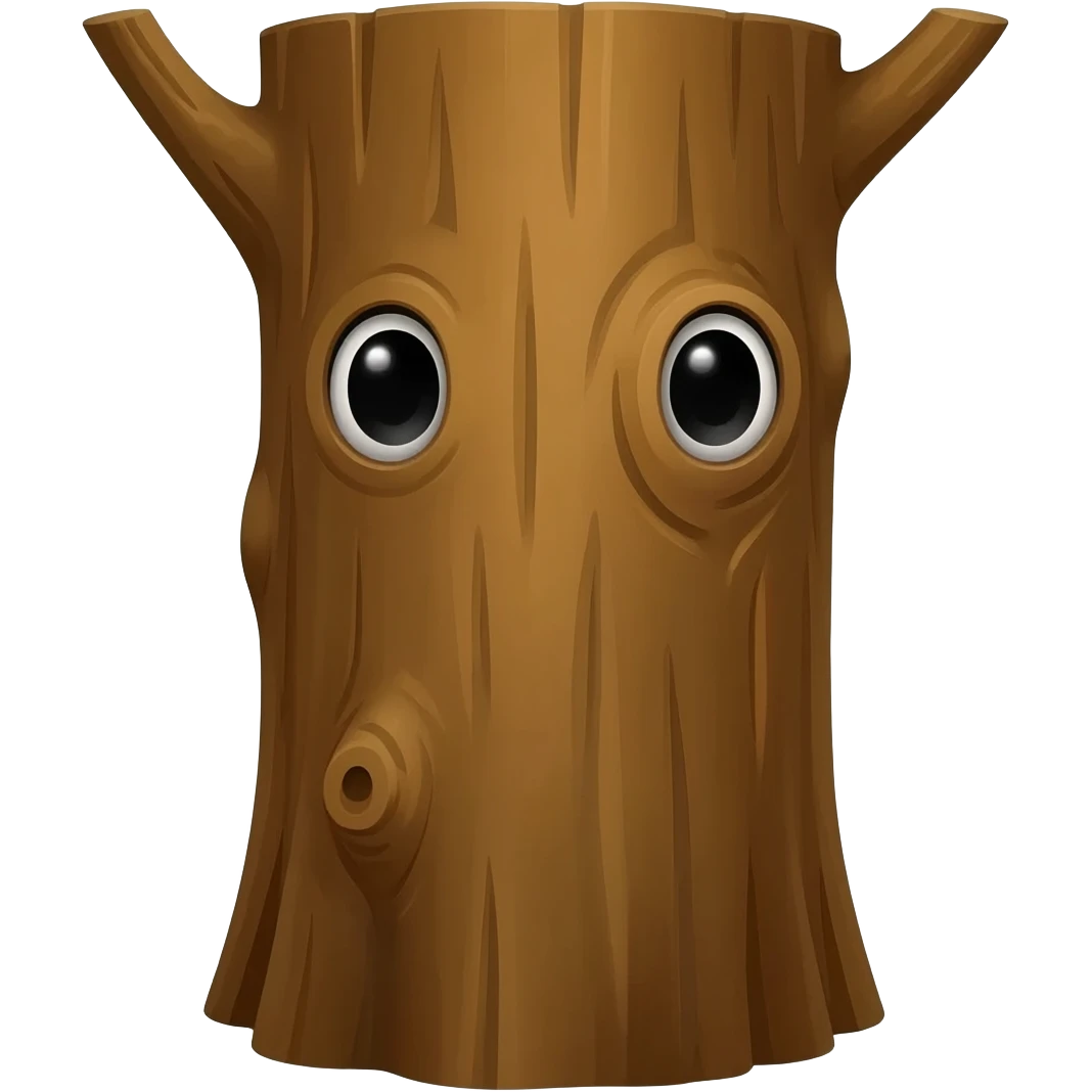 Yellow emoji face with Innocent eyes while hiding behind a big tree and poking head out from behind bark can only see eyes and forehead emoji