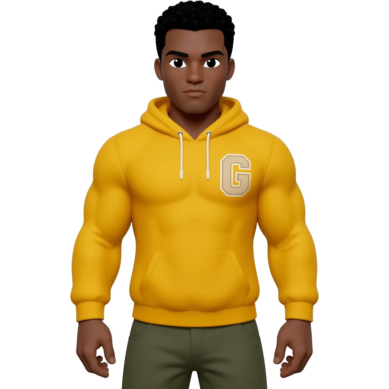 Black male look superstrong yellow hoodie and beige short letters G black g armsbi hair full body emoji