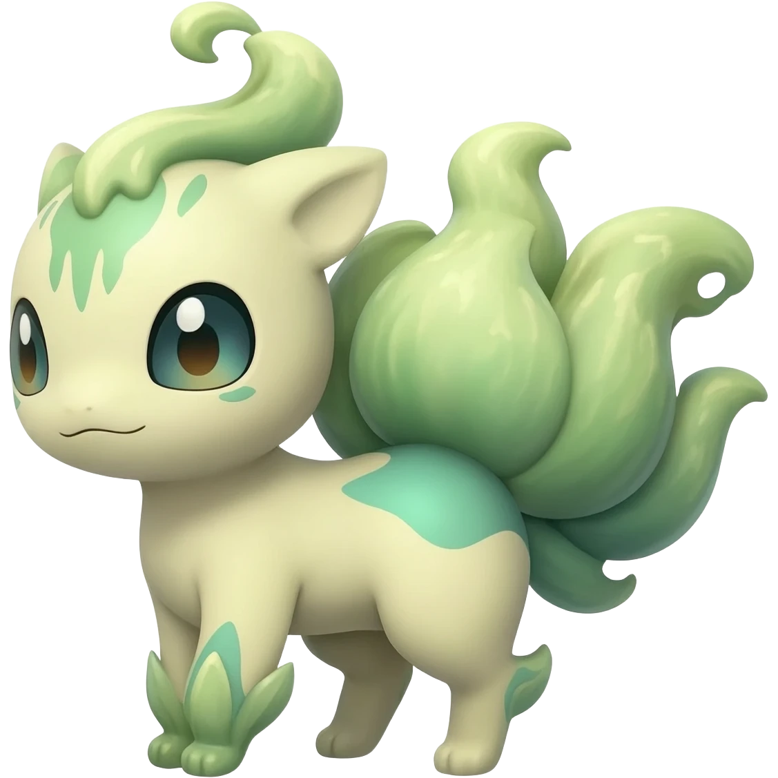 Pastel warm mossy floral elemental fantasy colorful-green-brown-gradient anime-styled edgy cool badass cute random Fakémon-creature, with random markings, full body emoji