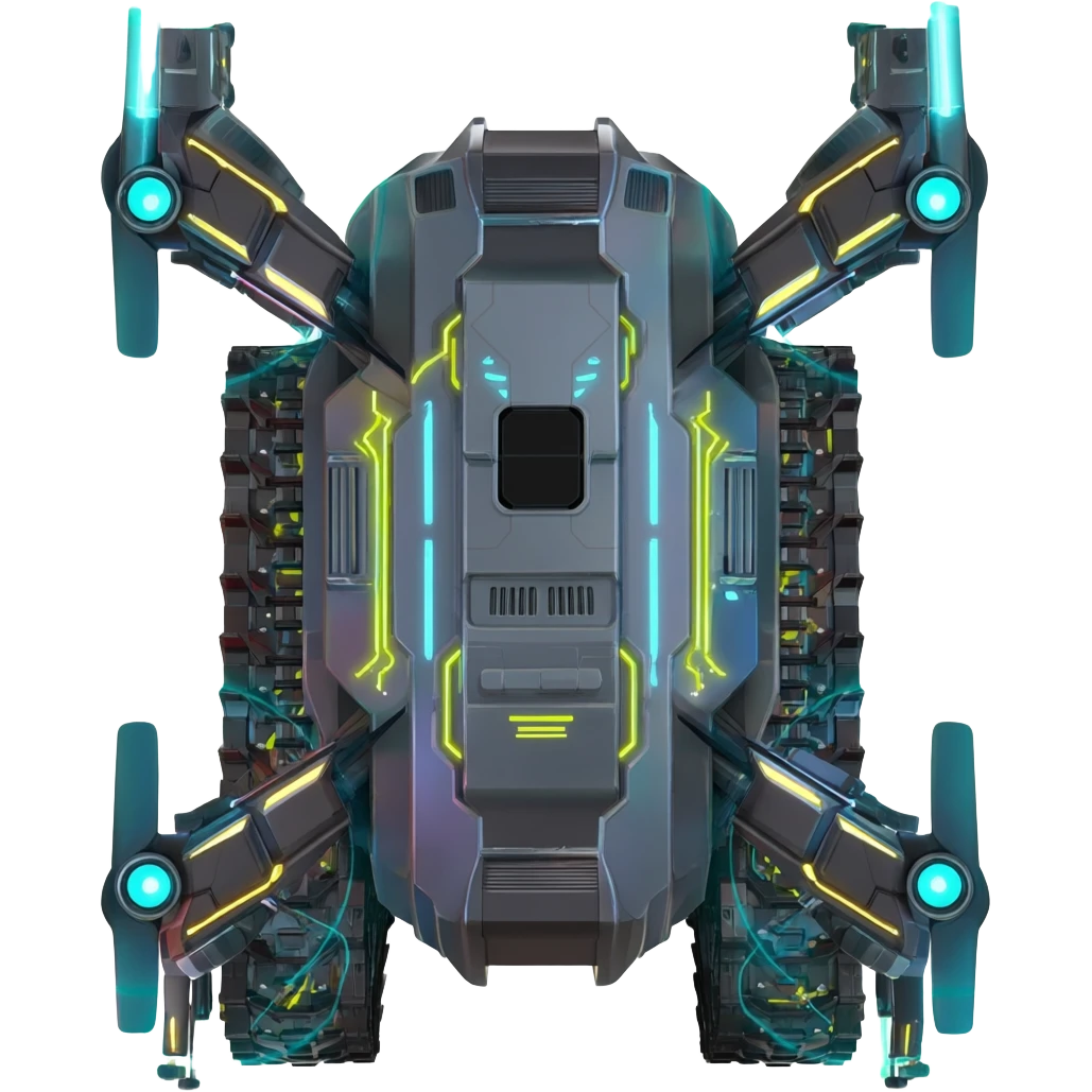 A top down view of an end level boss robot drone with tank track, in a cyber punk futuristic style far beyond what is currently available today, from the year 3000, the camera needs to be directly above the end boss robot drone looking down emoji