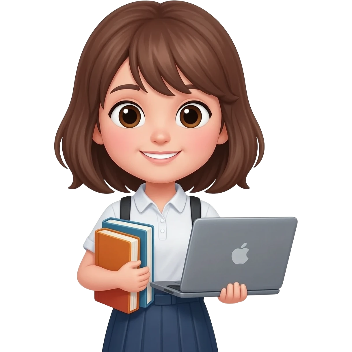 female student with brown hair, books and laptop computer emoji