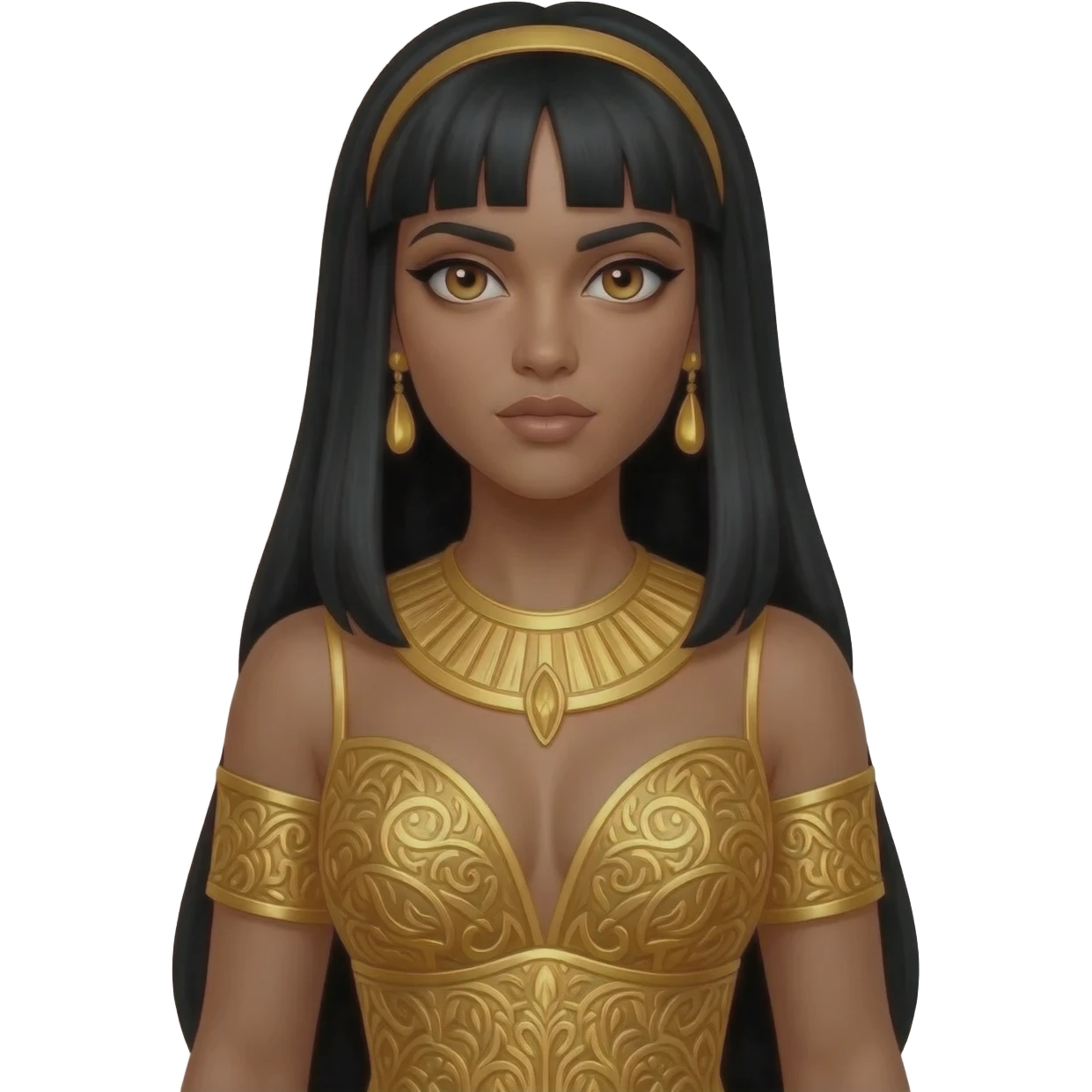 Cleopatra with hazel eyes, long black hair, gold metallic dress, gold necklace and earrings emoji