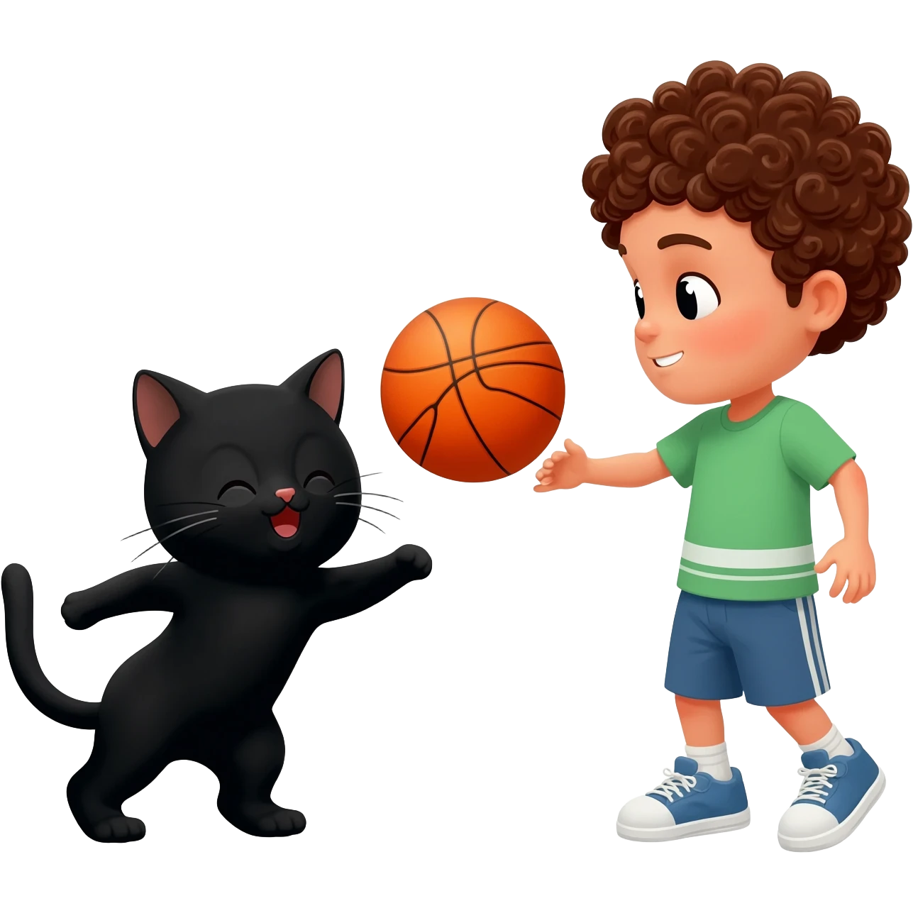 Black cat playing with orange basketball and a little boy with curly hair emoji