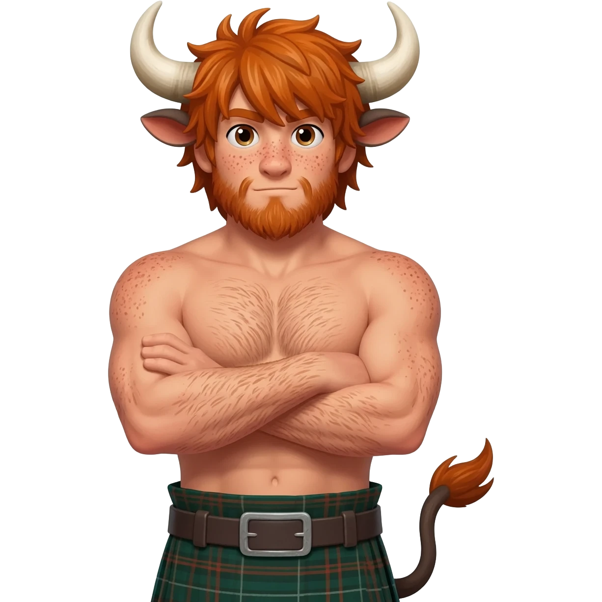 ginger buff hairy man with freckles with with messy bangs covering the eyes like scottish bull with bull horns and bull ears and bull tail dressed in kilt posing with his arms crossed emoji