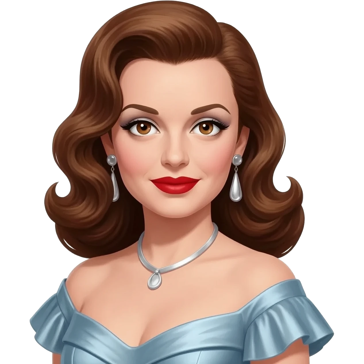 Judy Garland with brown eyes, long brown hair, white eyeshadow, red lipstick, light steel blue metallic off shoulder dress, silver necklace and earrings emoji