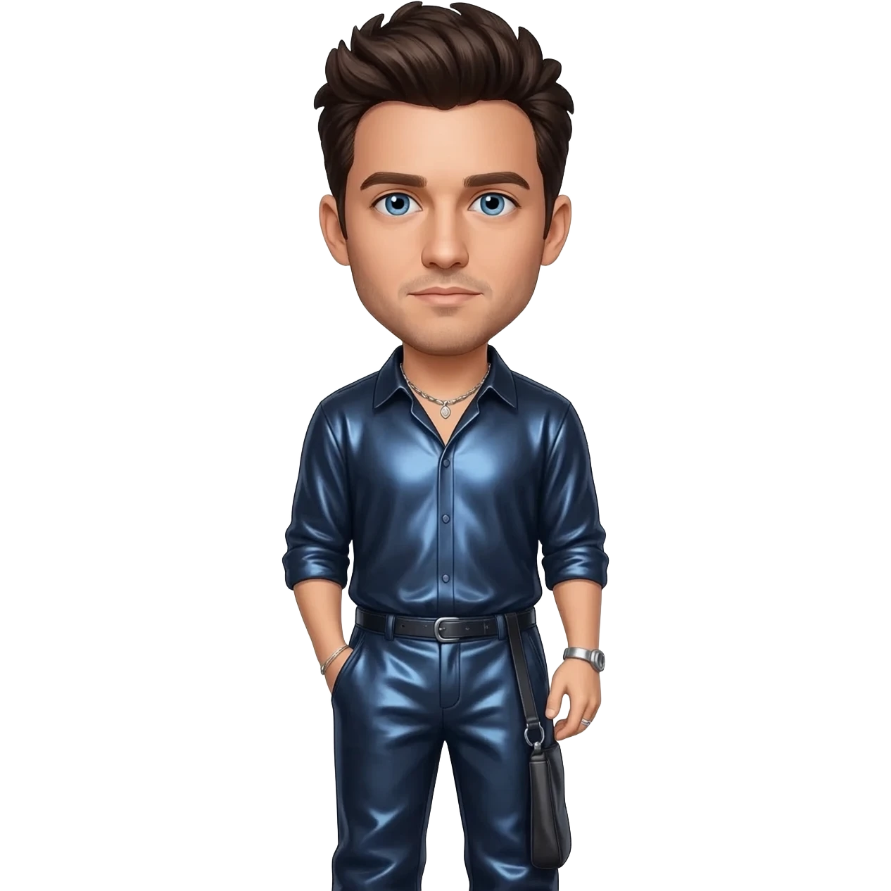 JC Chasez from NSYNC with blue eyes, dark brown hair, dark blue metallic shirt, dark blue metallic baggy pants, silver necklace emoji