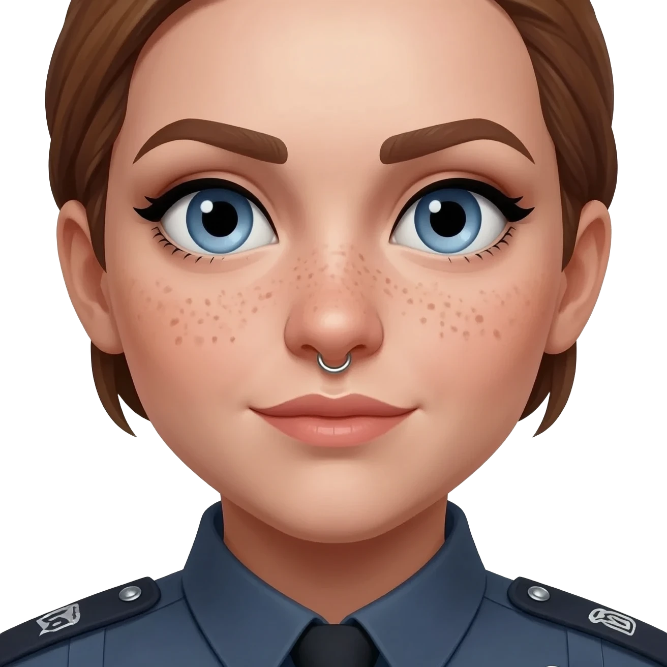 femme agent de securité yeux bleu tache de rousseur percing au nez emoji