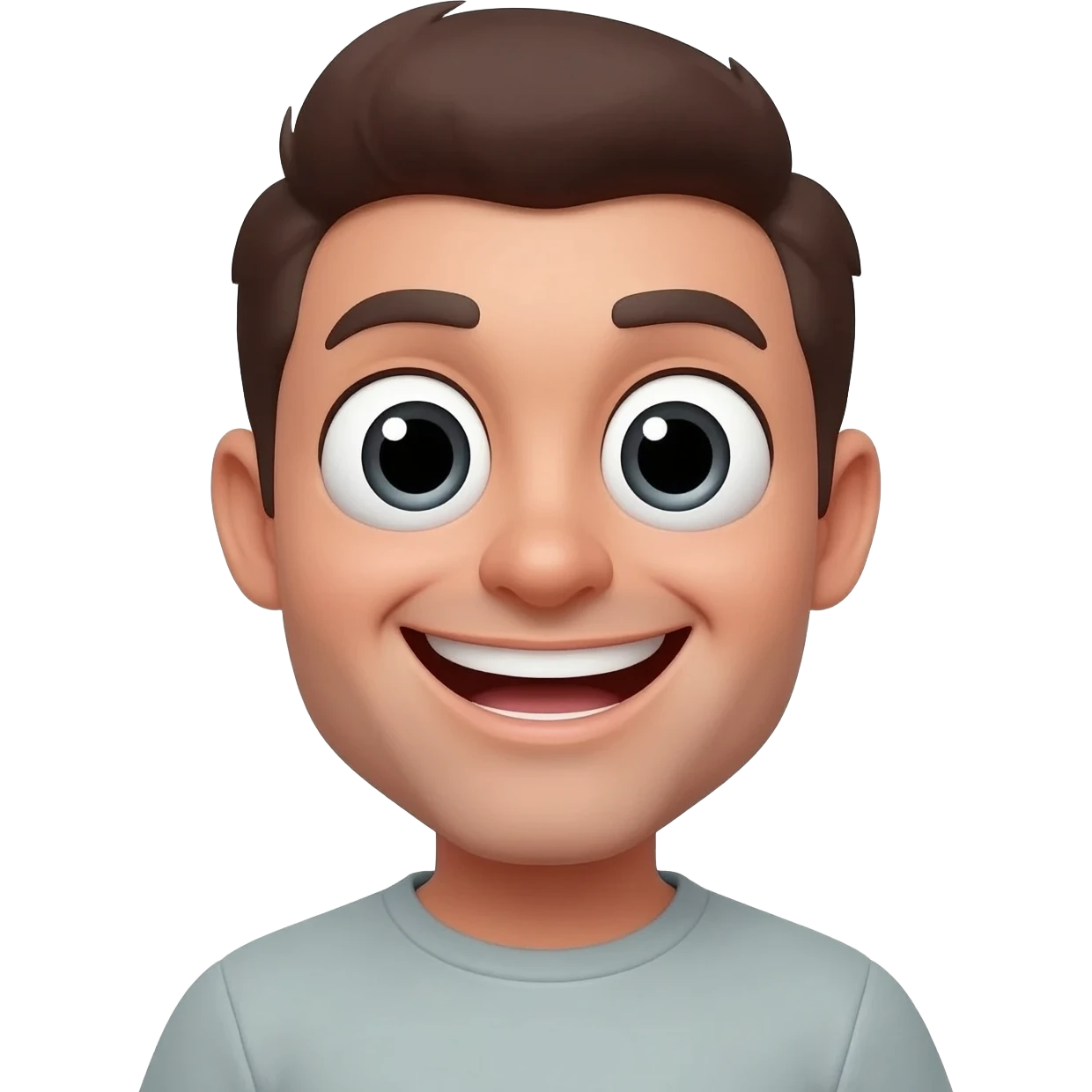 remake this image but make the eyes bigger with white eyes and black irises.  Also give him a big smile emoji