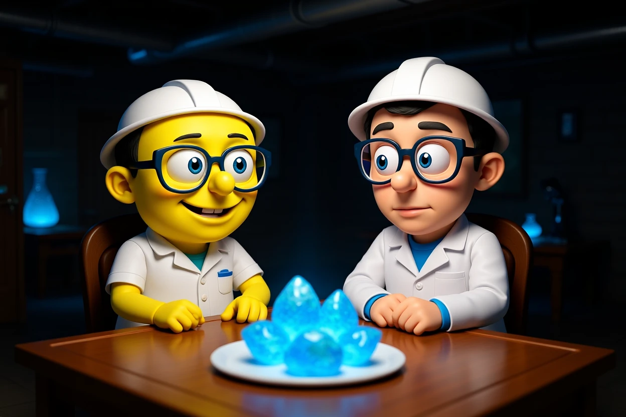 3D cienmatic cartoon shot, spongebob and patric dress in safety glasses and safe white outfit, the are standing front of table with blue crystals on table glowing (light source) science room in basement, back light, Cinema 4d render, proffesional lightning emoji