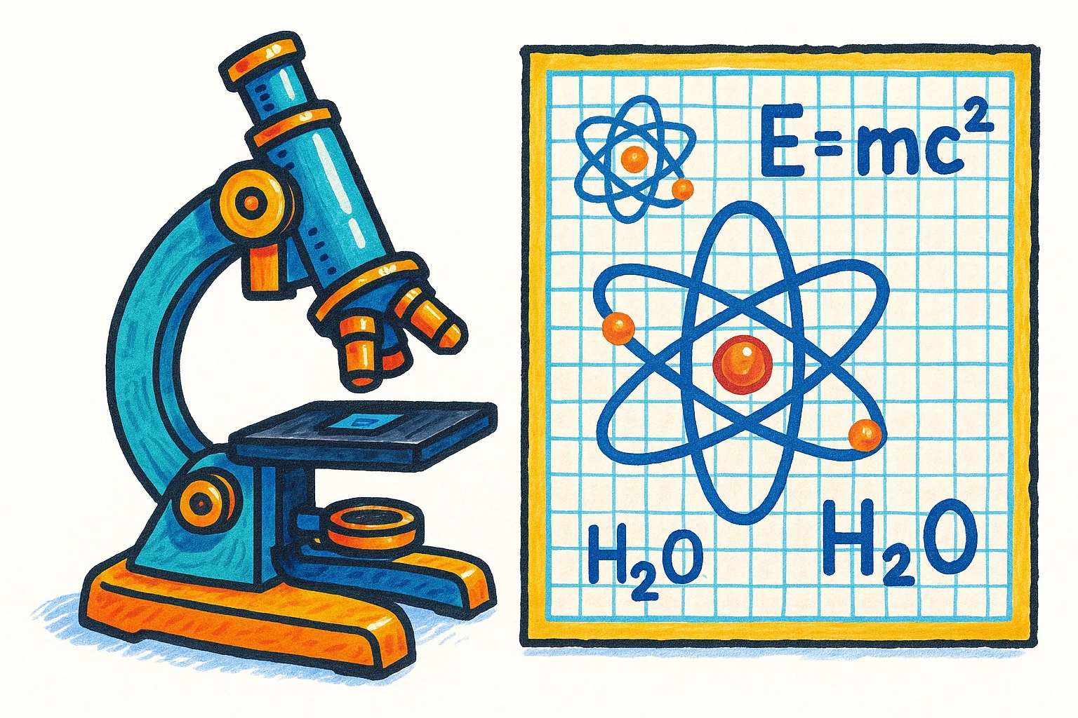 Сгенерируй мне  в ярком рисованном стиле микроскоп а рядом с ним чертеж с атомами и формулами, на белом фоне emoji