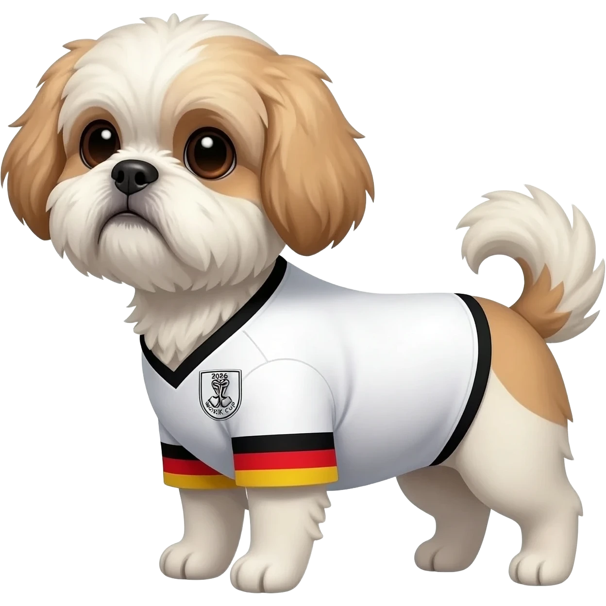 white and light brown shih zhu wearing a German soccer jersey v neck 2026 work cup emoji