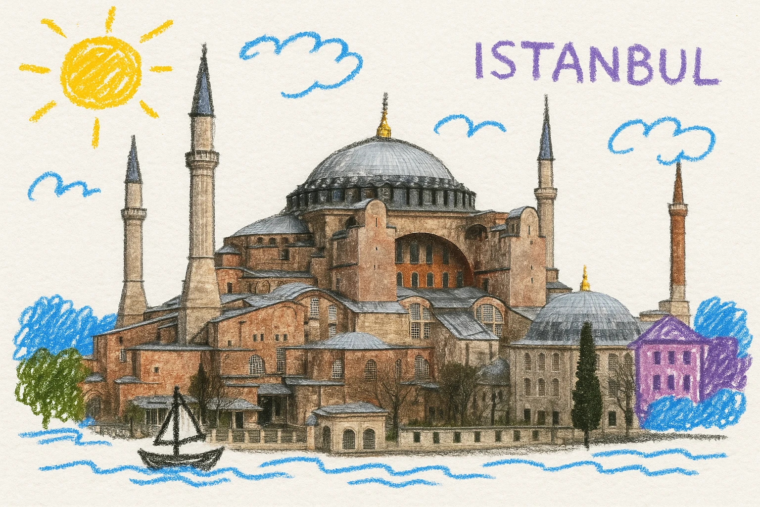 Isometric illustration of Istanbul, featuring real photorealistic Hagia Sophia with ts large central dome and four tall minarets, with real transparent background emoji