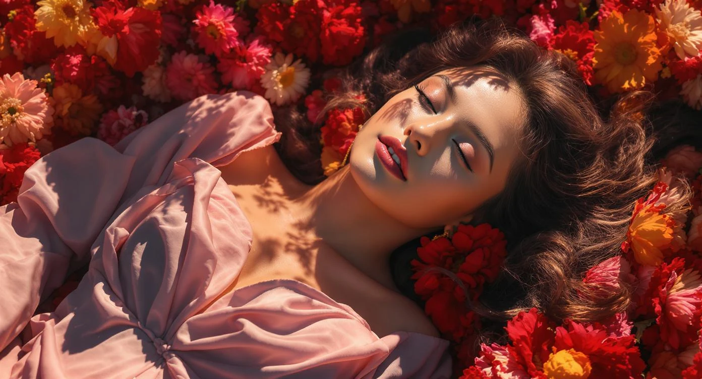 Camera drom top, Motion blur Extreme Closeup photo of a beautifull woman lay around beautifull colorfull flowers, cinematic light, 8K, very detailed, sharp emoji