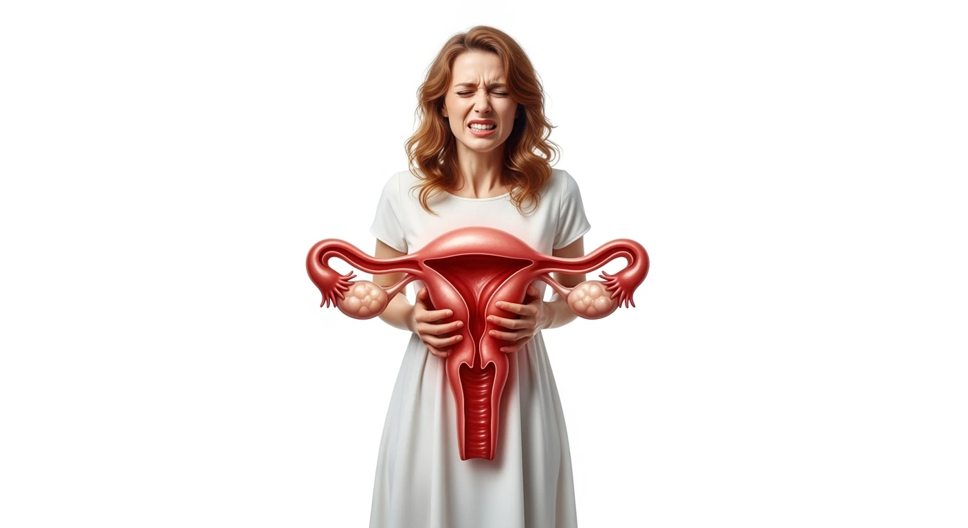 donna a figura intera con utero umano realistico in 3d in evidenza dolorante, espressione di dolore in volto, sfondo bianco, non farla computerizzata, ma iperrealistica 4k, sfondo bianco emoji