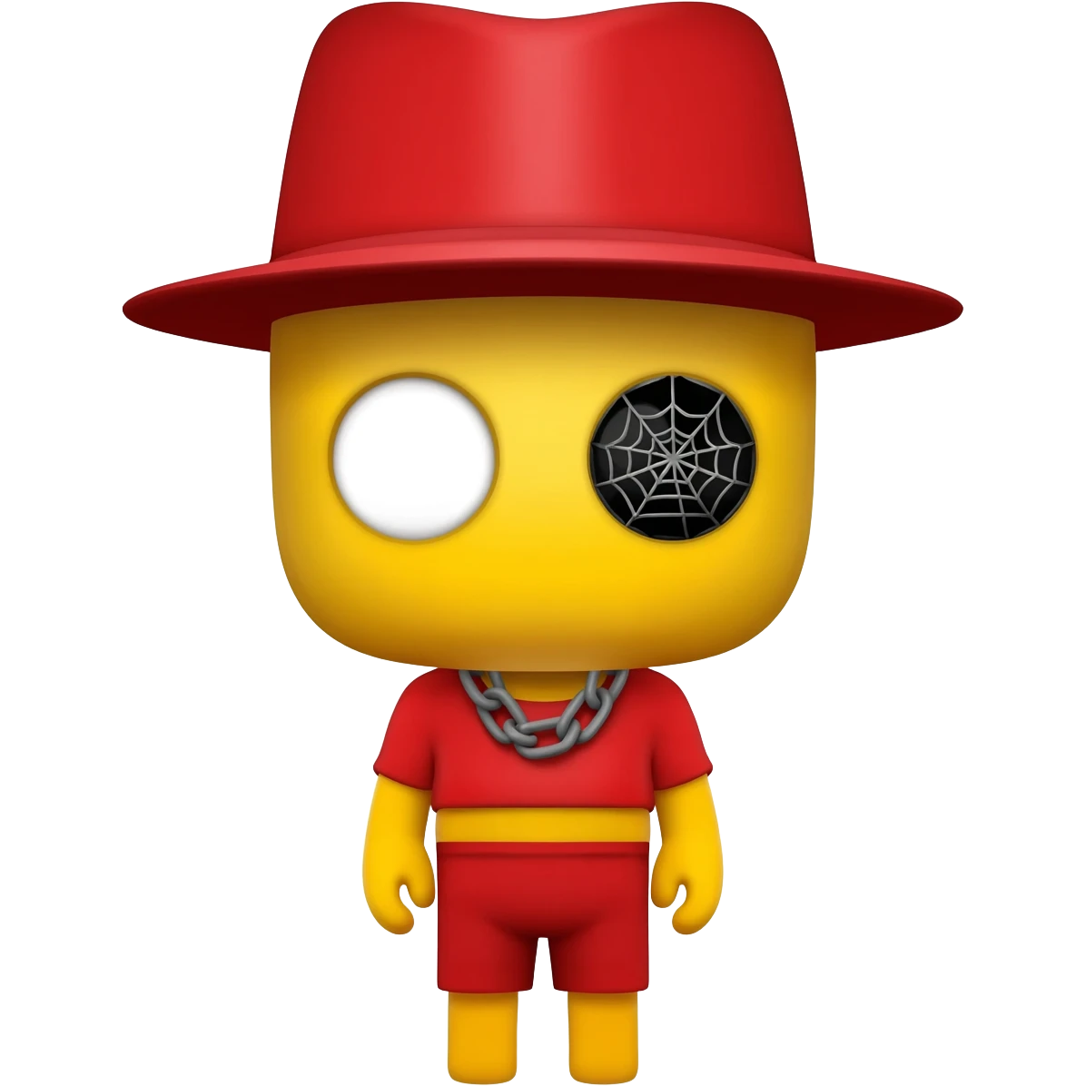 Make a yellow character with a black spider as a eye and a normal eye and a red top and shorts and a grey spider chain and a red hat emoji
