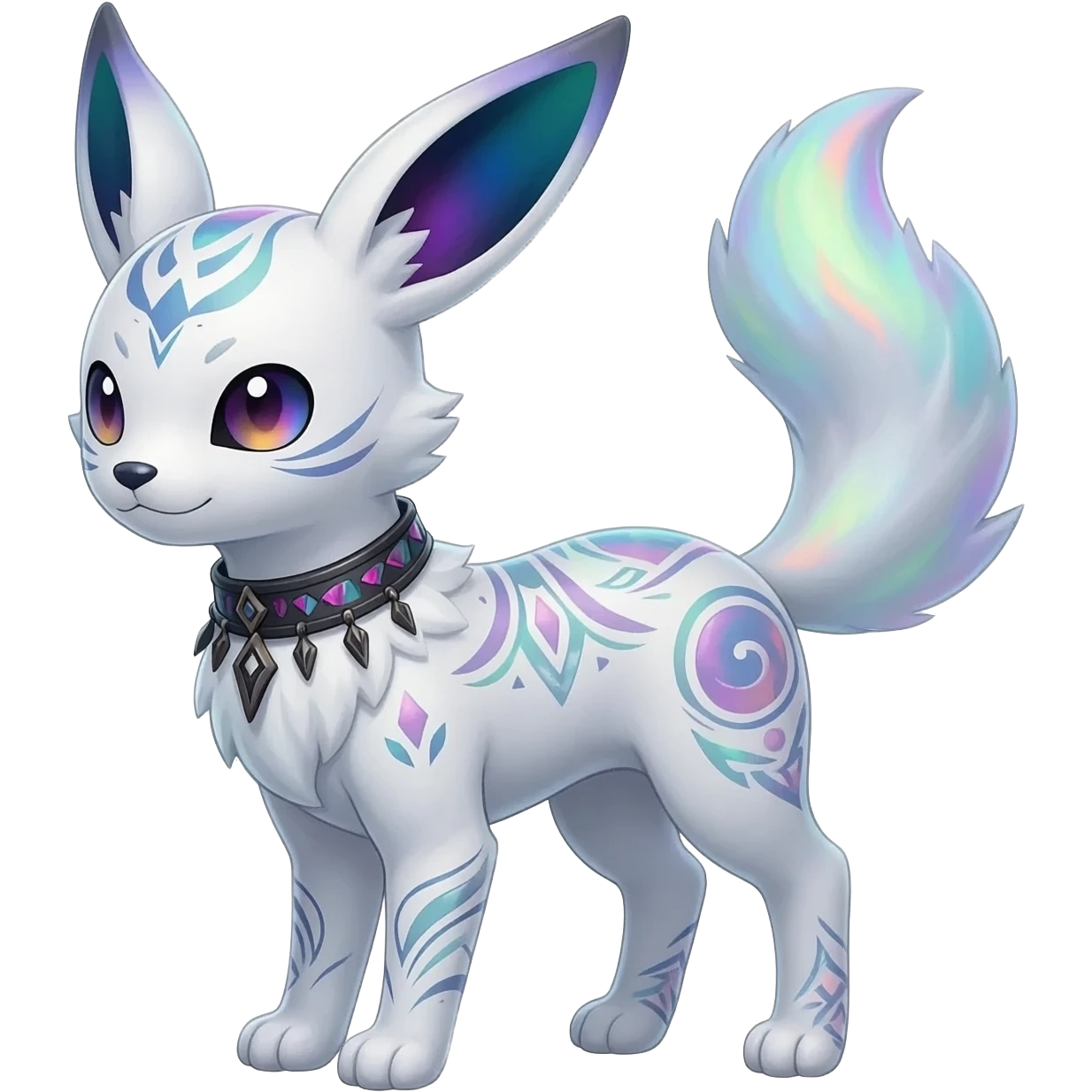 Rar iridescent white exotic cute epic aesthetic gothic colorful Salandit-Eevee-Civet-species-Fakemon-hybrid-creature, with a collar, and with intricate tribal markings, full body emoji
