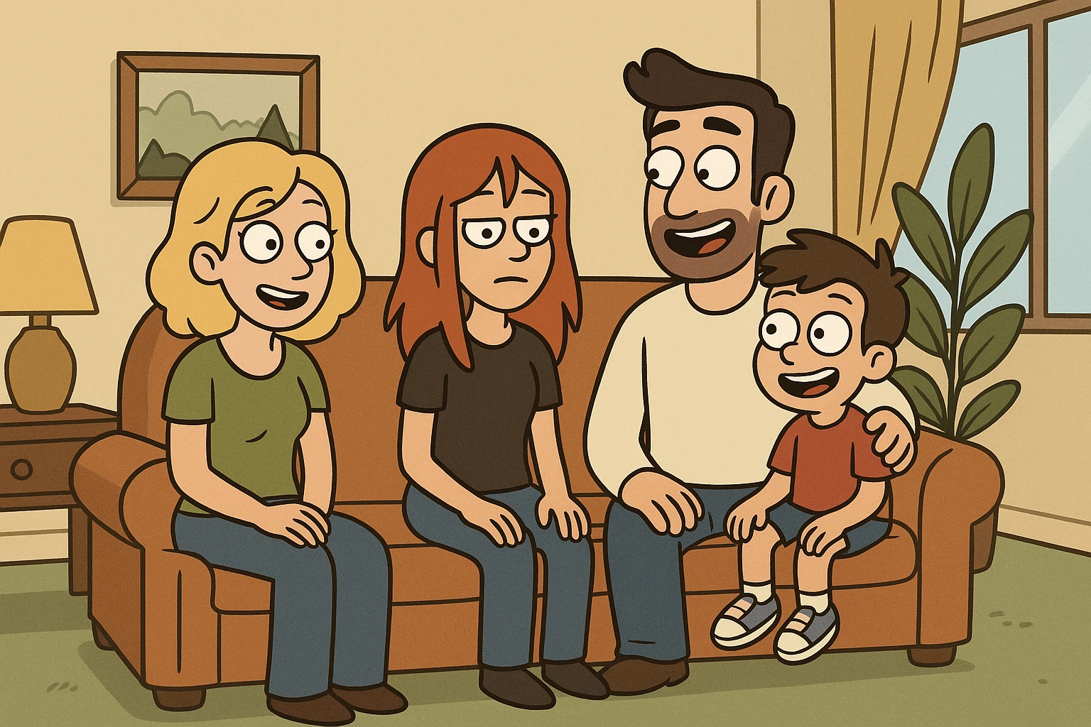 a family in a cozy living room, cartoon style emoji